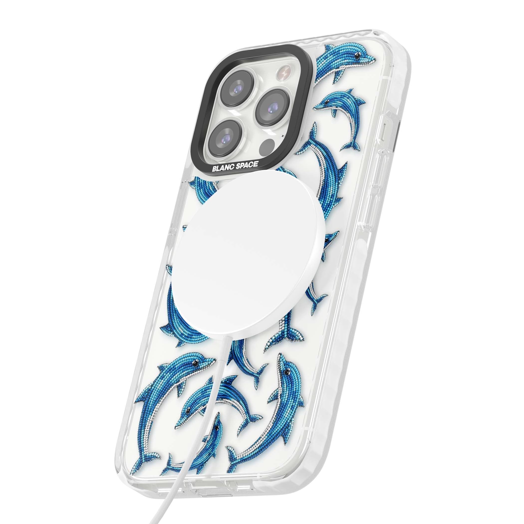 Beaded Dolphins coastal iPhone case featuring beaded dolphins in blue and white swimming across a clear background | Impact Magsafe case for iPhone 13 Pro, iPhone 14 Pro, iPhone 15 Pro