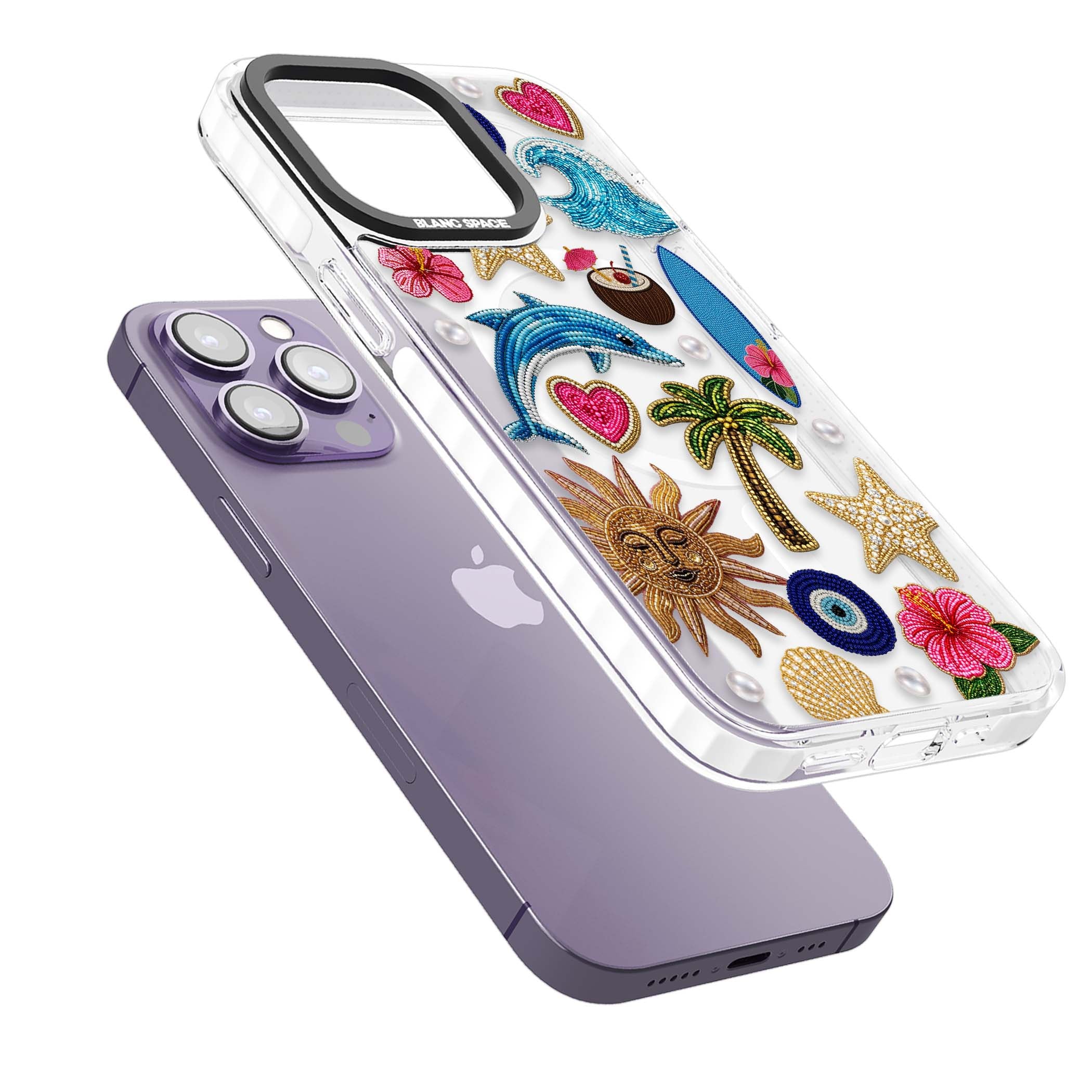Beaded Beach coastal summer iPhone case featuring embroidered evil eye, hibiscus flowers, dolphin and palm tree patches | Impact Magsafe case for iPhone 13 Pro, iPhone 14 Pro, iPhone 15 Pro