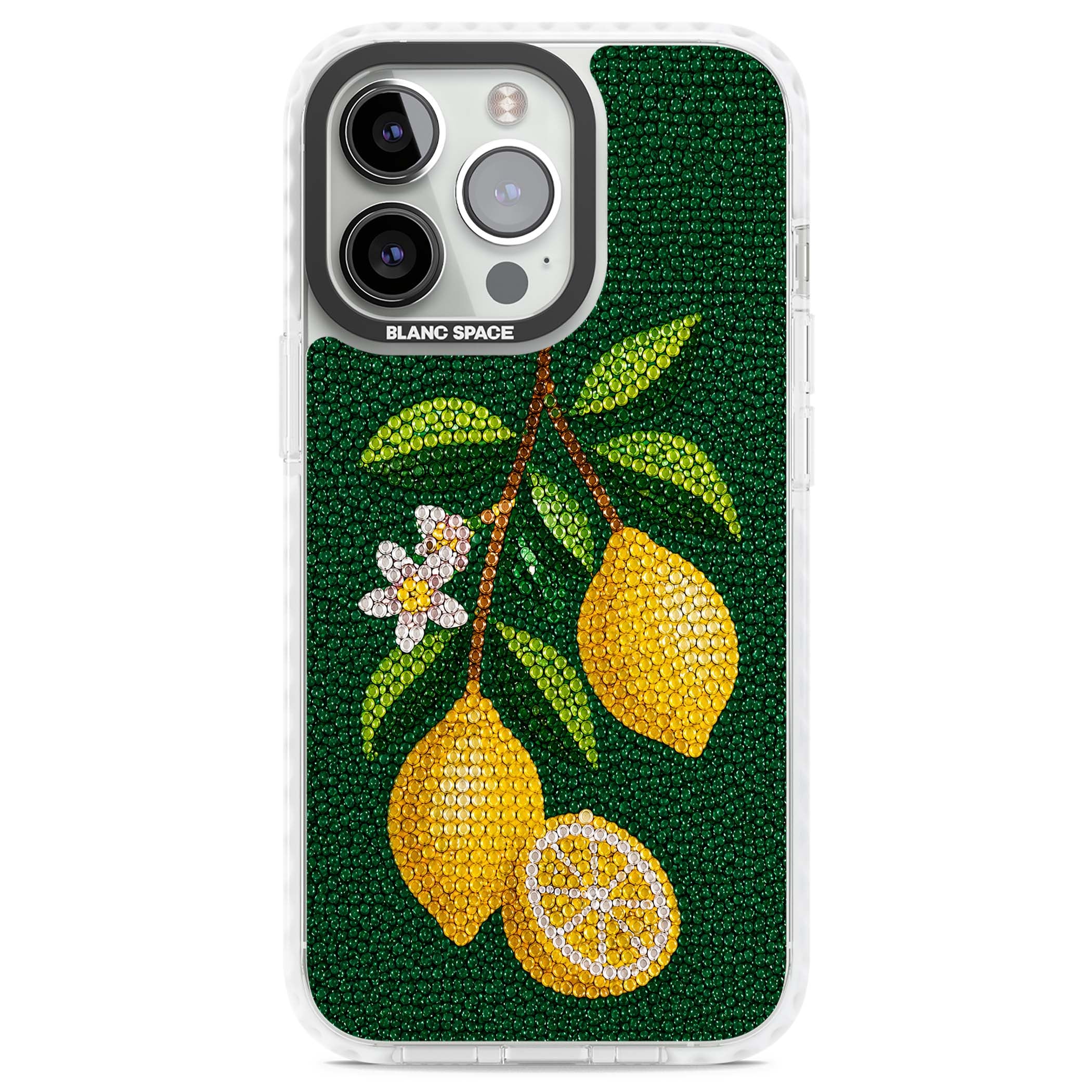 Beaded Lemons coastal iPhone case featuring crystal-beaded lemons, citrus blossom and green leaves on emerald ground | Impact Magsafe case for iPhone 13 Pro, iPhone 14 Pro, iPhone 15 Pro
