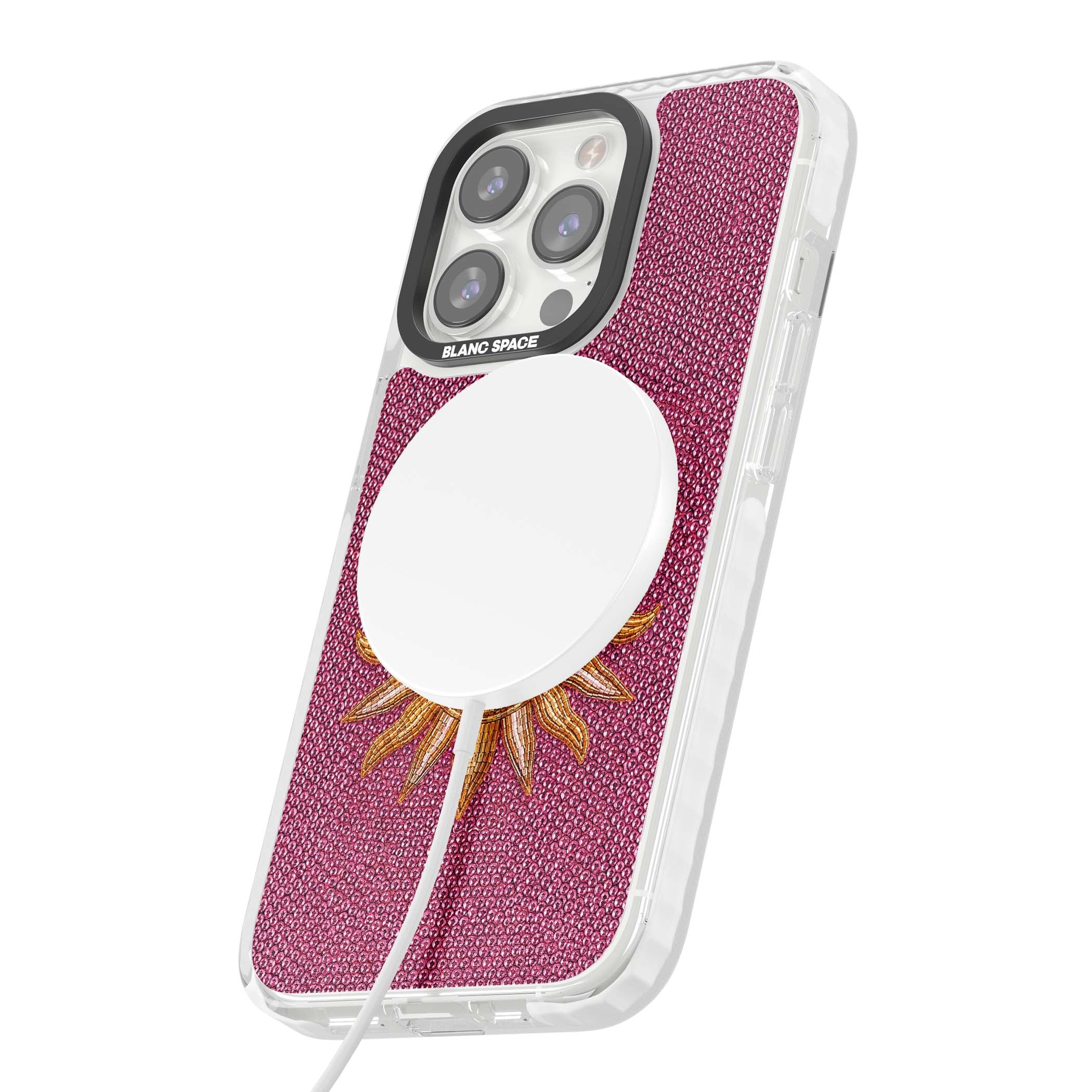 Beaded Sun celestial iPhone case featuring a golden beaded sun face with radiant rays on hot pink beaded background | Impact Magsafe case for iPhone 13 Pro, iPhone 14 Pro, iPhone 15 Pro