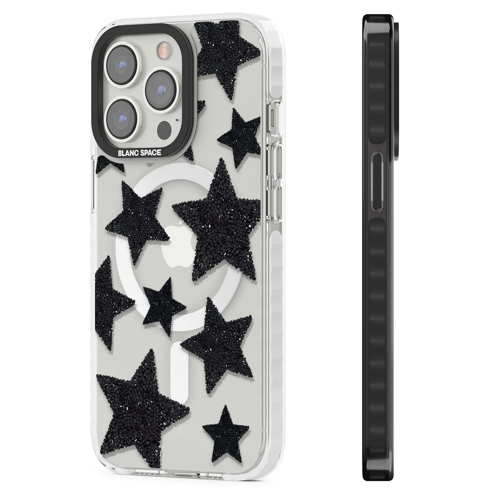 Beaded Black Stars celestial iPhone case featuring black glitter beaded stars scattered on a clear background | Impact Magsafe case for iPhone 13 Pro, iPhone 14 Pro, iPhone 15 Pro