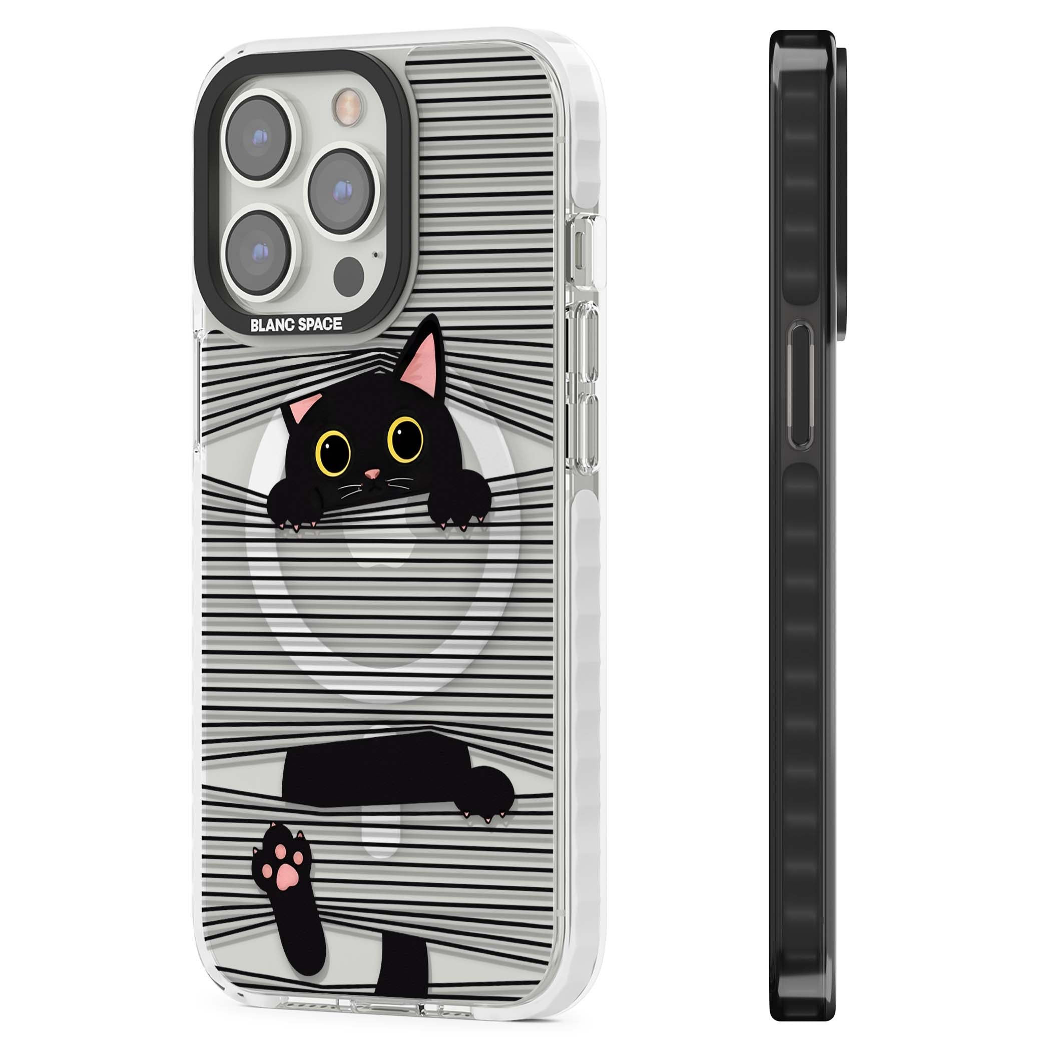 Peek-a-Boo Cat minimal iPhone case featuring black cat peeking through horizontal black and white stripes | Impact Magsafe case for iPhone 13 Pro, iPhone 14 Pro, iPhone 15 Pro