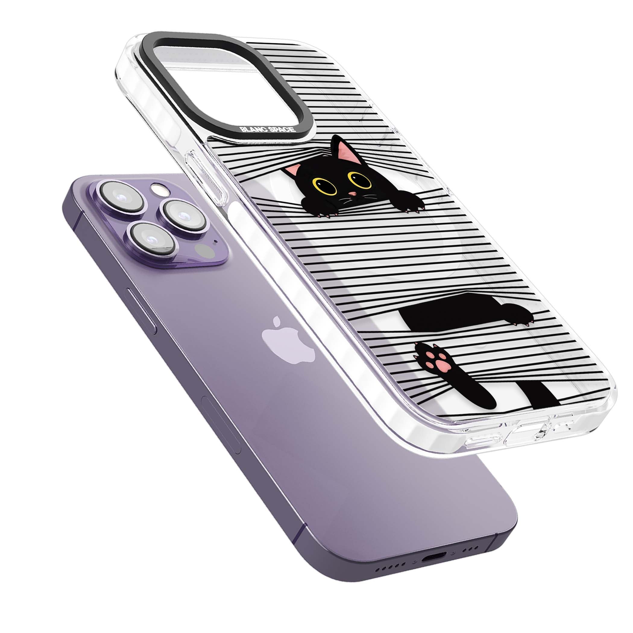 Peek-a-Boo Cat minimal iPhone case featuring black cat peeking through horizontal black and white stripes | Impact Magsafe case for iPhone 13 Pro, iPhone 14 Pro, iPhone 15 Pro