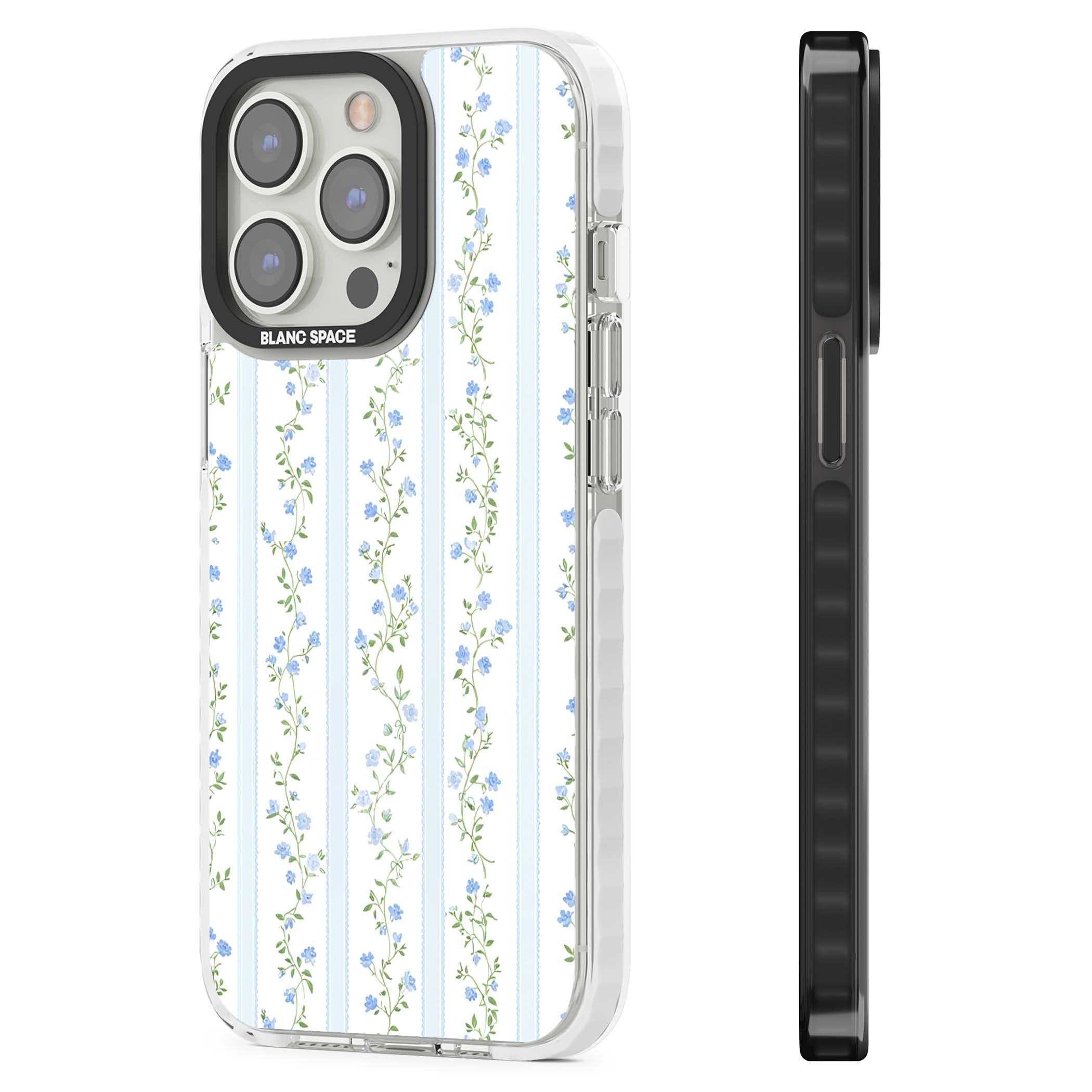 Bluebell Vine cottagecore iPhone case featuring climbing blue roses, trailing green vines, and pale ticking stripes | Impact Magsafe case for iPhone 13 Pro, iPhone 14 Pro, iPhone 15 Pro