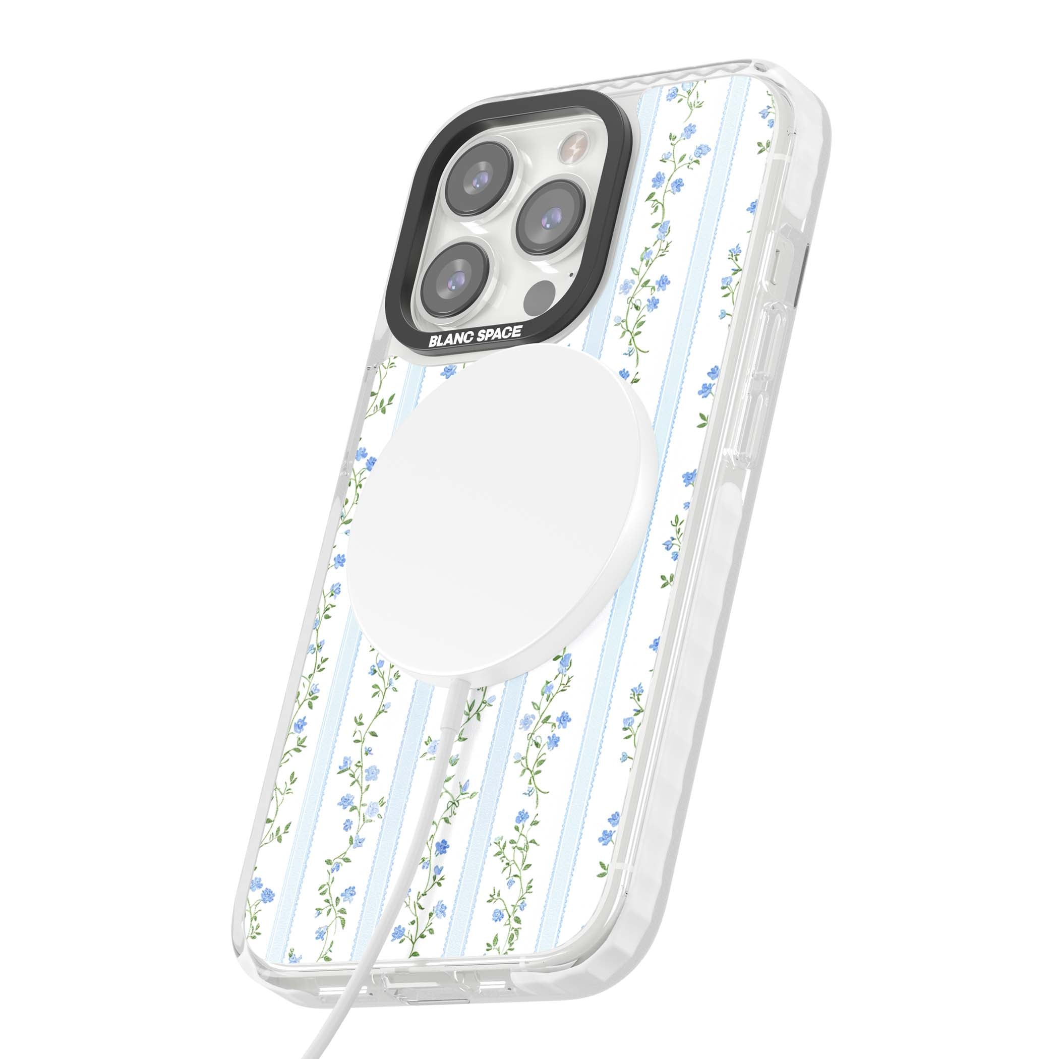 Bluebell Vine cottagecore iPhone case featuring climbing blue roses, trailing green vines, and pale ticking stripes | Impact Magsafe case for iPhone 13 Pro, iPhone 14 Pro, iPhone 15 Pro
