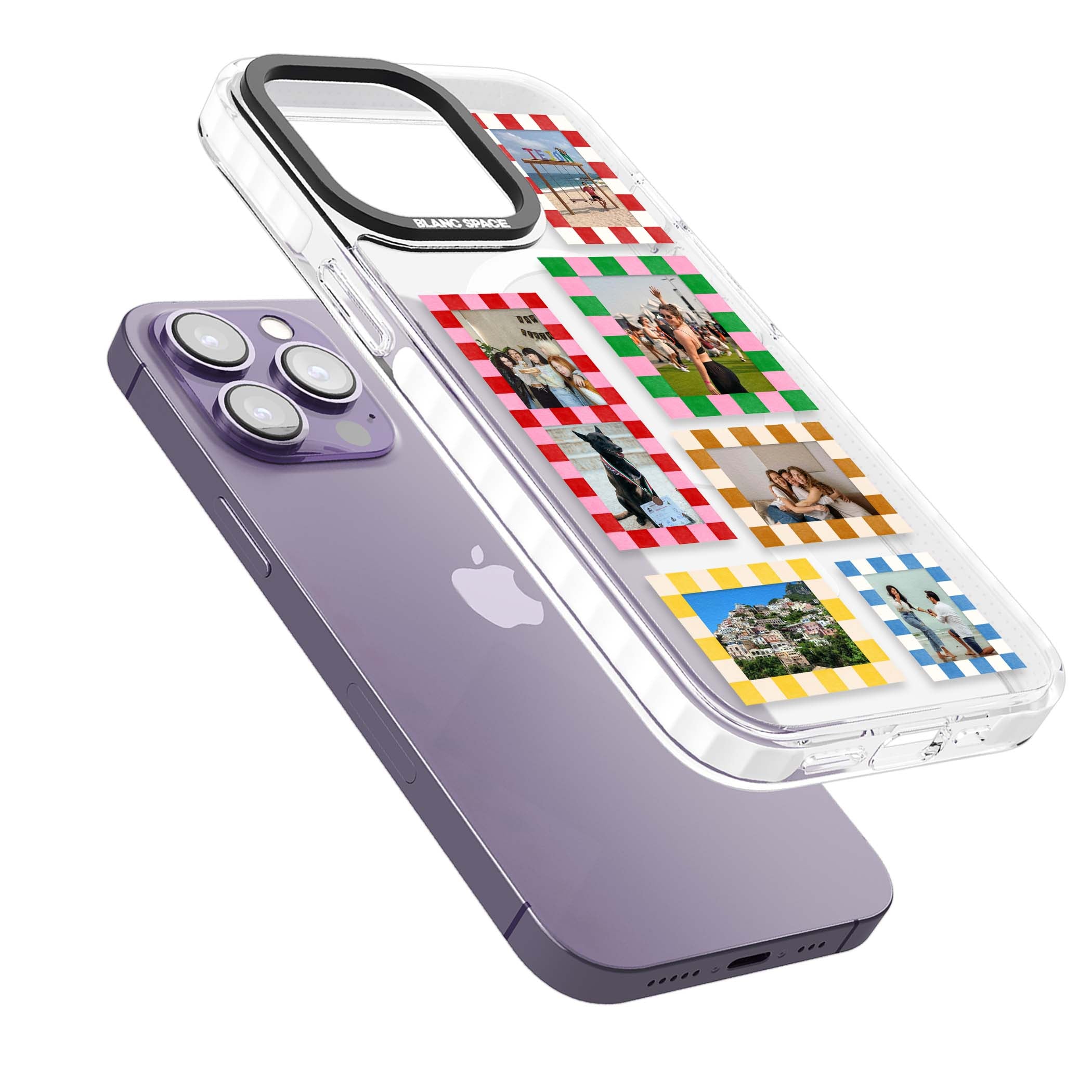 Italian Check Frames custom photo collage iPhone case featuring six checkered photo frames in red, green, pink and  | Impact Magsafe case for iPhone 13 Pro, iPhone 14 Pro, iPhone 15 Pro