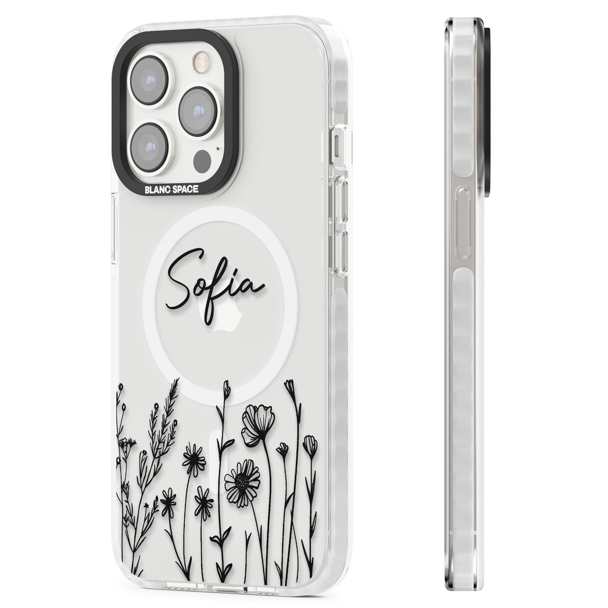 Personalised Black Wildflowers Magsafe Impact Phone Case for iPhone 13 Pro, iPhone 14 Pro, iPhone 15 Pro