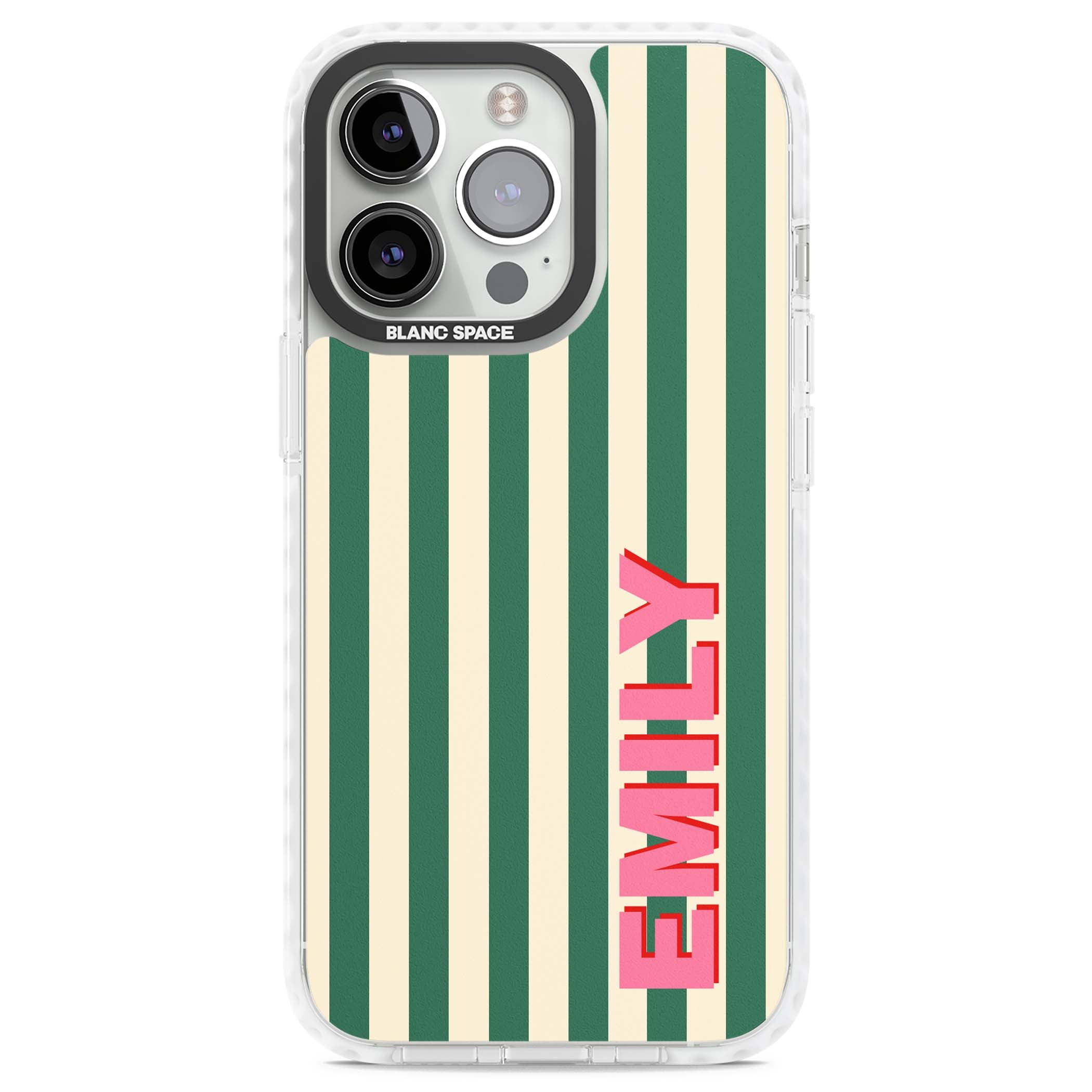 Wimbledon Stripe preppy iPhone case featuring green and cream vertical stripes with a personalised pink name | Impact Magsafe case for iPhone 13 Pro, iPhone 14 Pro, iPhone 15 Pro