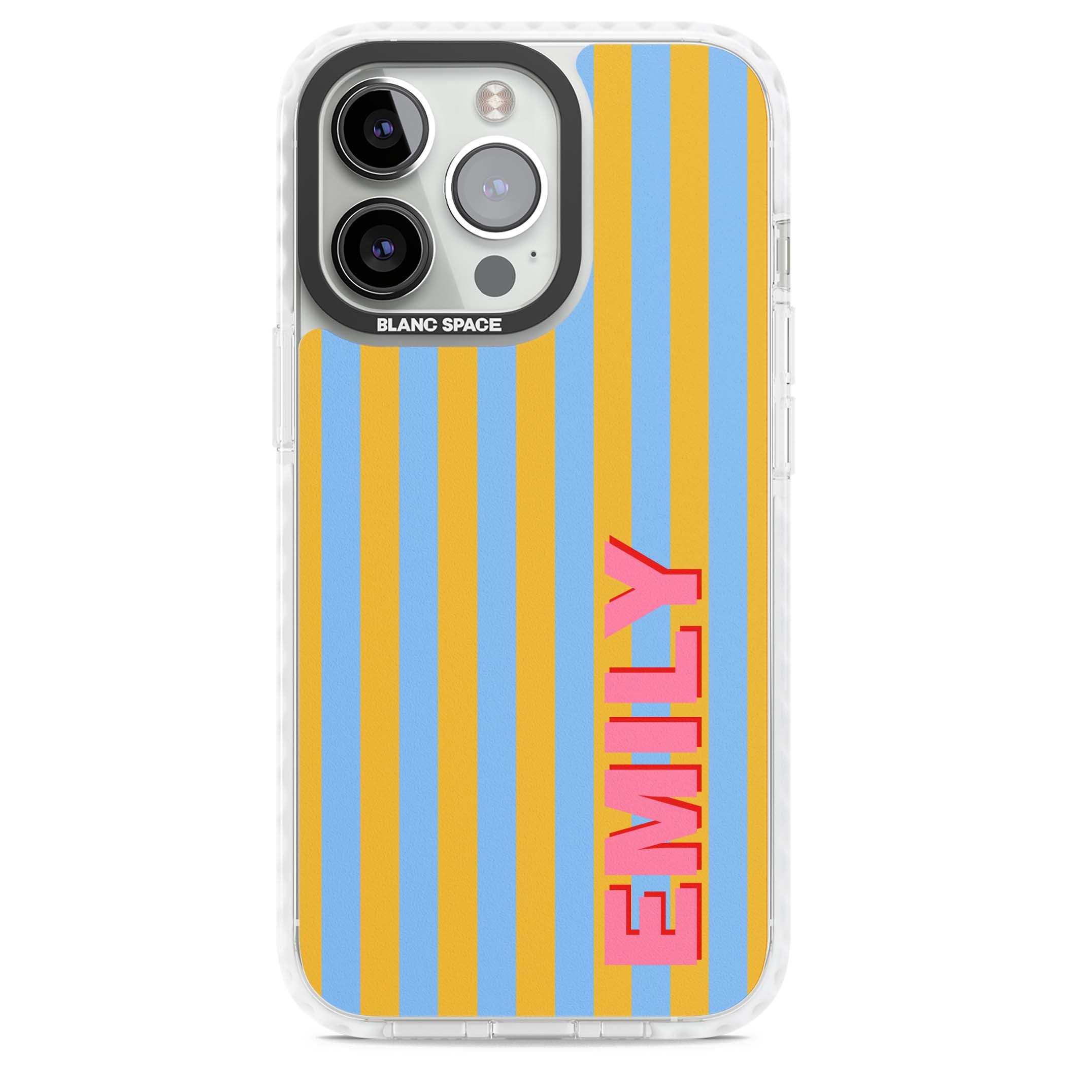 Carribean Stripe personalised coastal iPhone case with yellow and blue vertical stripes and a custom pink name | Impact Magsafe case for iPhone 13 Pro, iPhone 14 Pro, iPhone 15 Pro