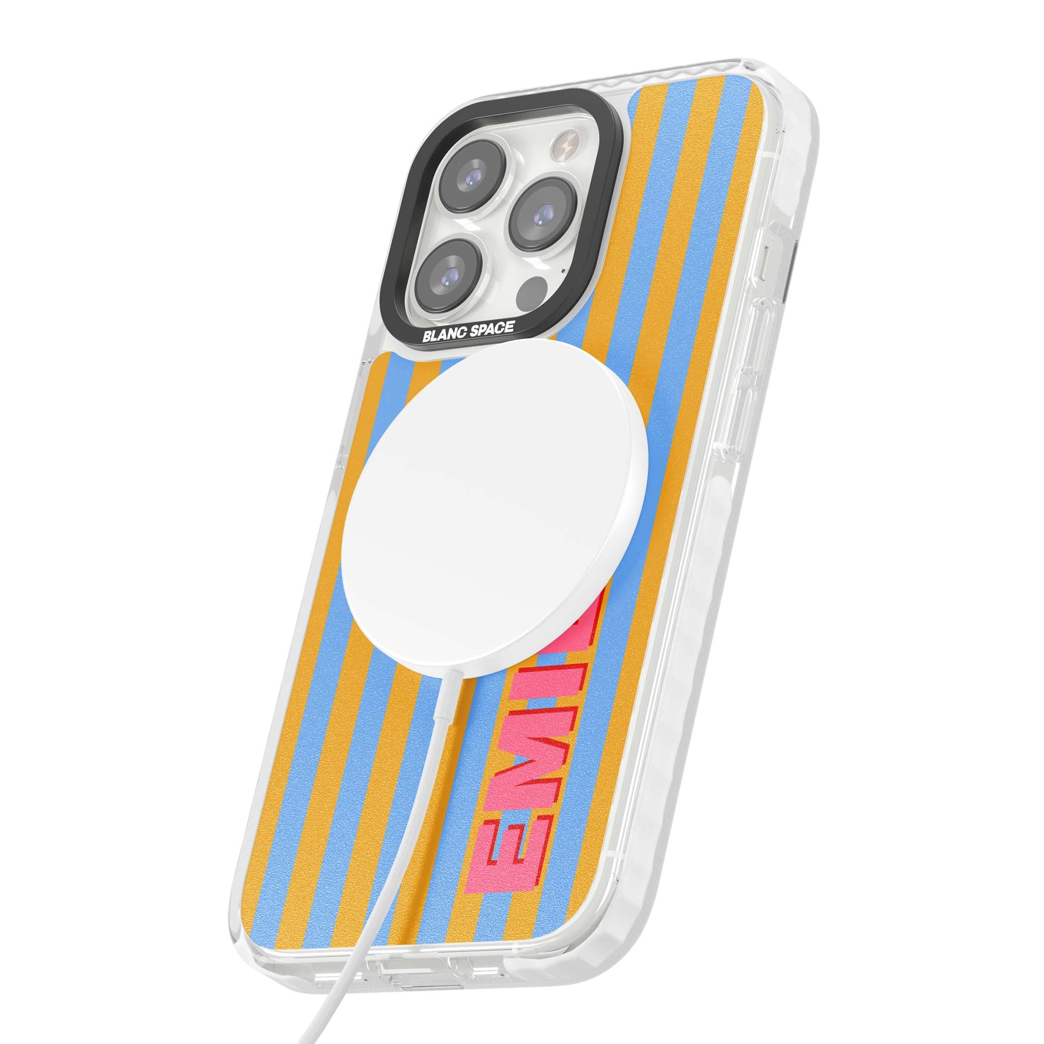 Carribean Stripe personalised coastal iPhone case with yellow and blue vertical stripes and a custom pink name | Impact Magsafe case for iPhone 13 Pro, iPhone 14 Pro, iPhone 15 Pro