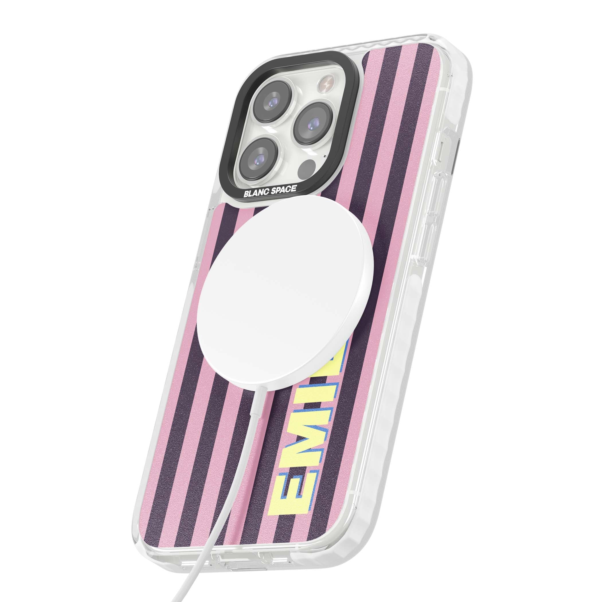 Tyre Stripe personalised stripe iPhone case with plum and pink vertical stripes and custom yellow name | Impact Magsafe case for iPhone 13 Pro, iPhone 14 Pro, iPhone 15 Pro