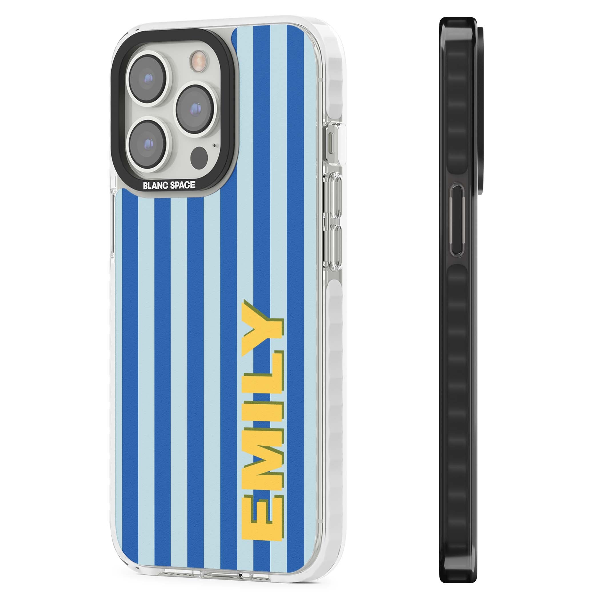 Athenian Stripe personalised preppy iPhone case featuring blue vertical stripes and a custom yellow name | Impact Magsafe case for iPhone 13 Pro, iPhone 14 Pro, iPhone 15 Pro