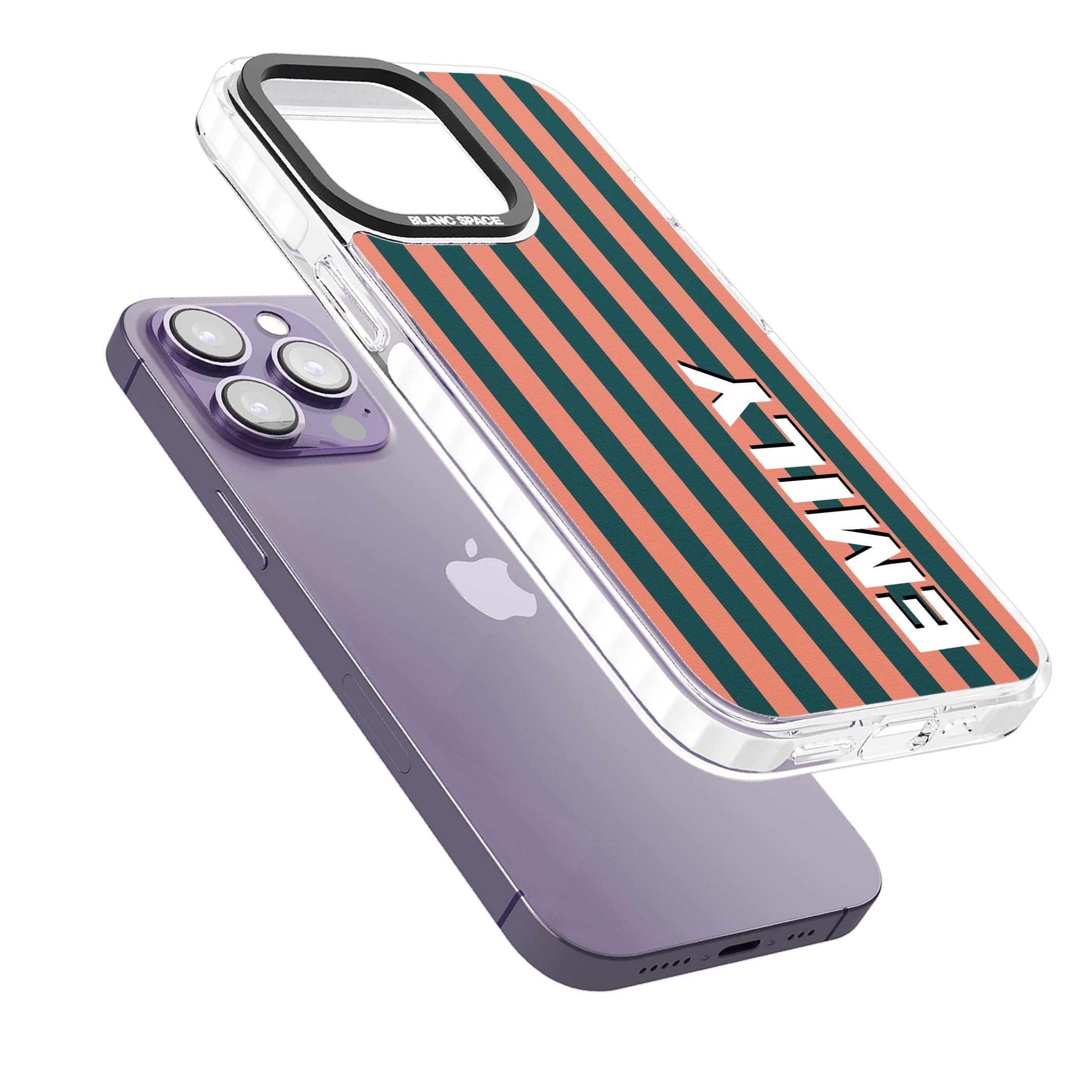 Tuscan Stripe personalised iPhone case featuring coral and green vertical stripes with bold custom name | Impact Magsafe case for iPhone 13 Pro, iPhone 14 Pro, iPhone 15 Pro