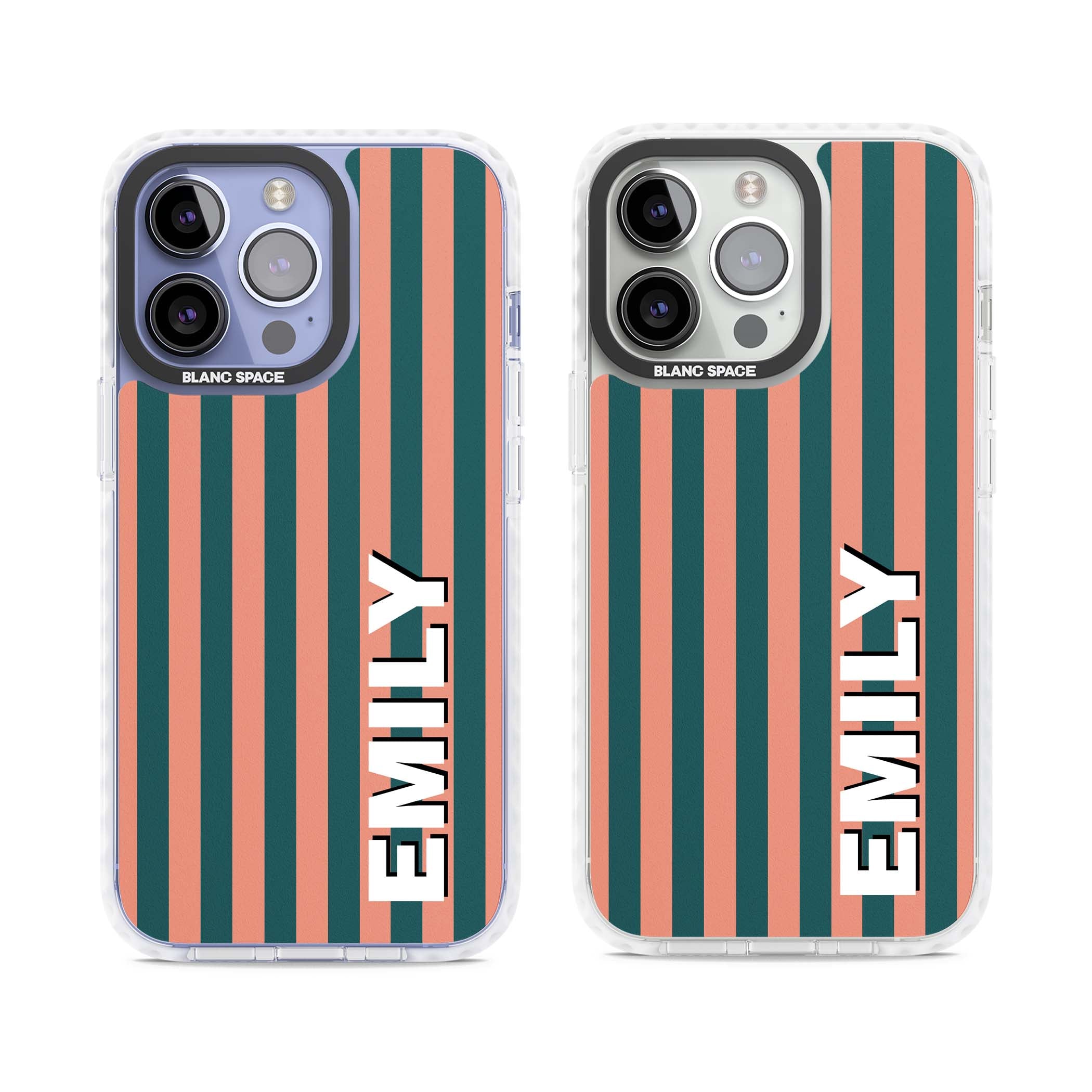 Tuscan Stripe personalised iPhone case featuring coral and green vertical stripes with bold custom name | Impact Magsafe case for iPhone 13 Pro, iPhone 14 Pro, iPhone 15 Pro