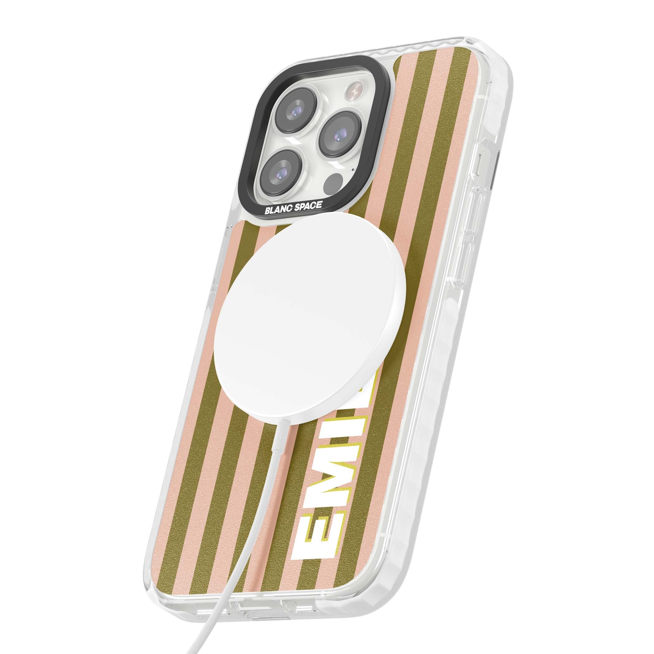 Indian Stripe personalised iPhone case featuring olive green and blush pink vertical stripes with custom name in whit | Impact Magsafe case for iPhone 13 Pro, iPhone 14 Pro, iPhone 15 Pro
