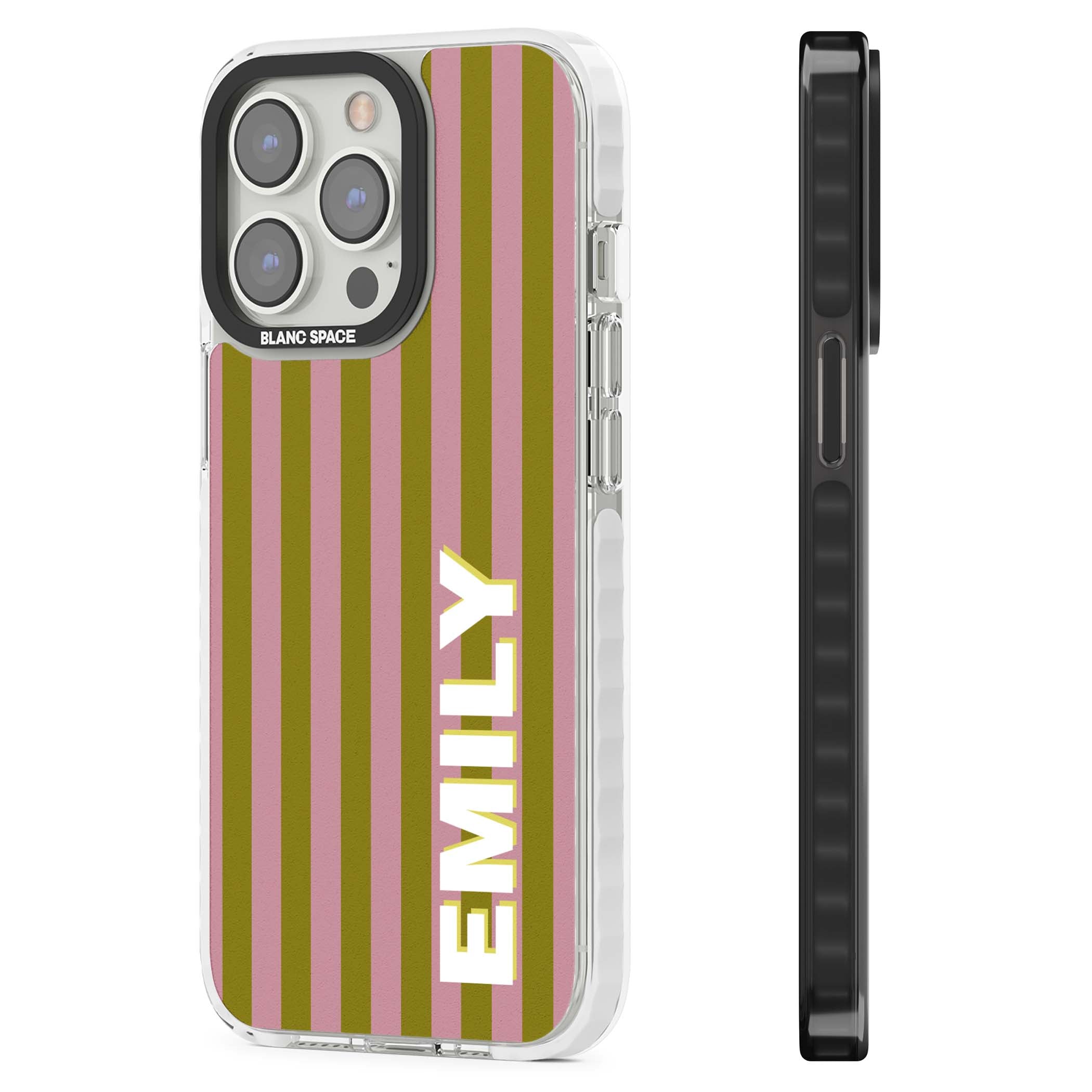 Istanbul Stripe personalised iPhone case featuring pink and olive green vertical stripes with a custom vertical name | Impact Magsafe case for iPhone 13 Pro, iPhone 14 Pro, iPhone 15 Pro