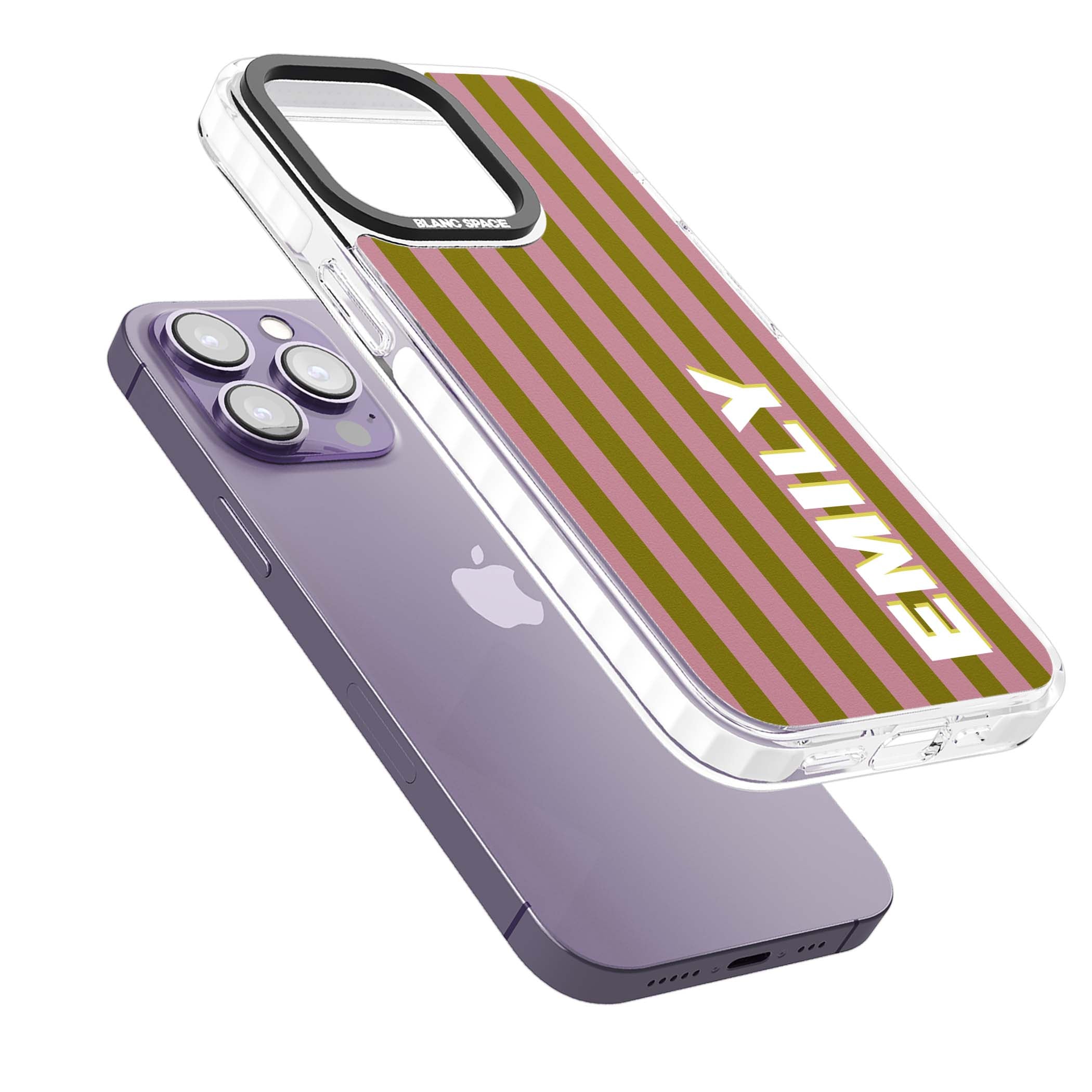 Istanbul Stripe personalised iPhone case featuring pink and olive green vertical stripes with a custom vertical name | Impact Magsafe case for iPhone 13 Pro, iPhone 14 Pro, iPhone 15 Pro
