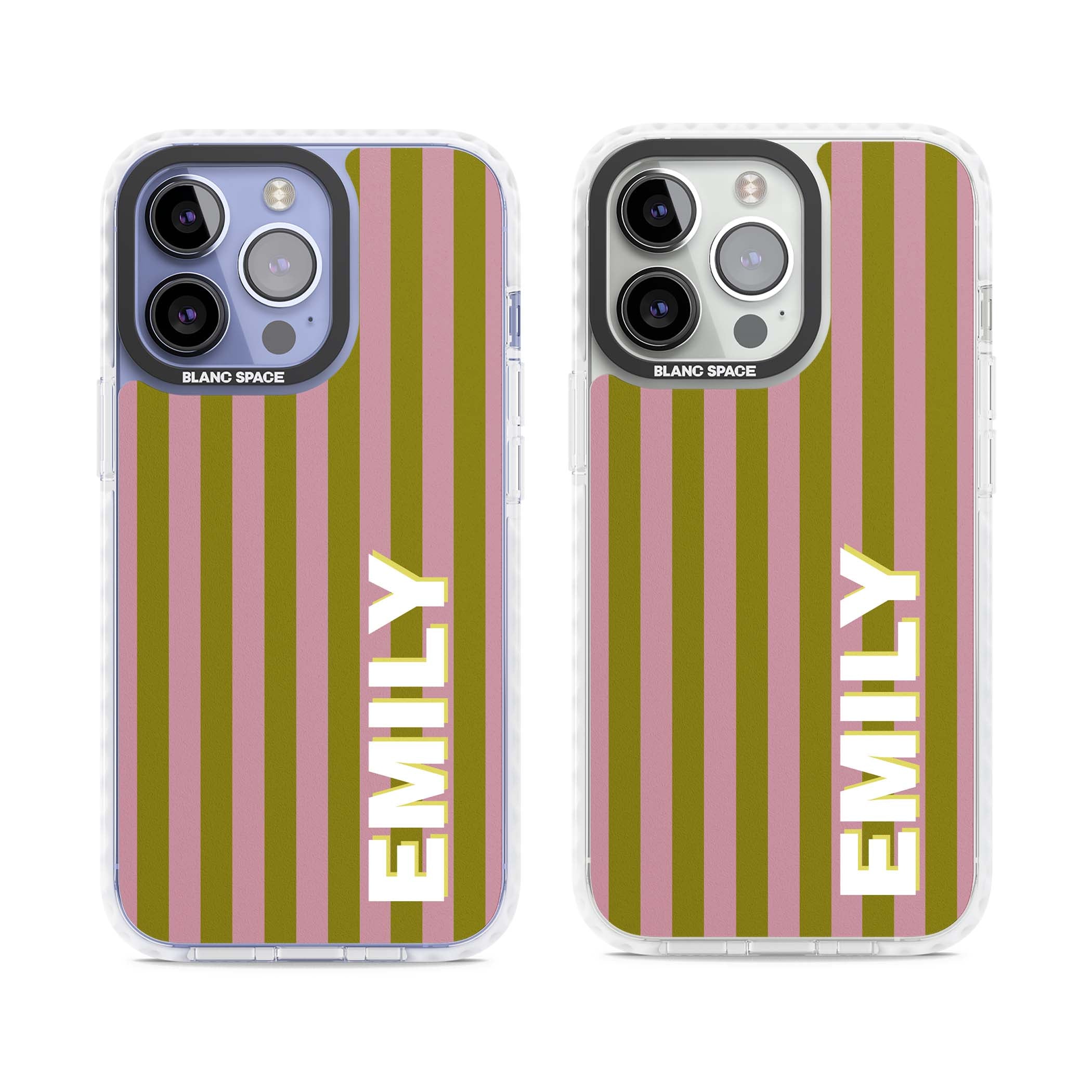 Istanbul Stripe personalised iPhone case featuring pink and olive green vertical stripes with a custom vertical name | Impact Magsafe case for iPhone 13 Pro, iPhone 14 Pro, iPhone 15 Pro
