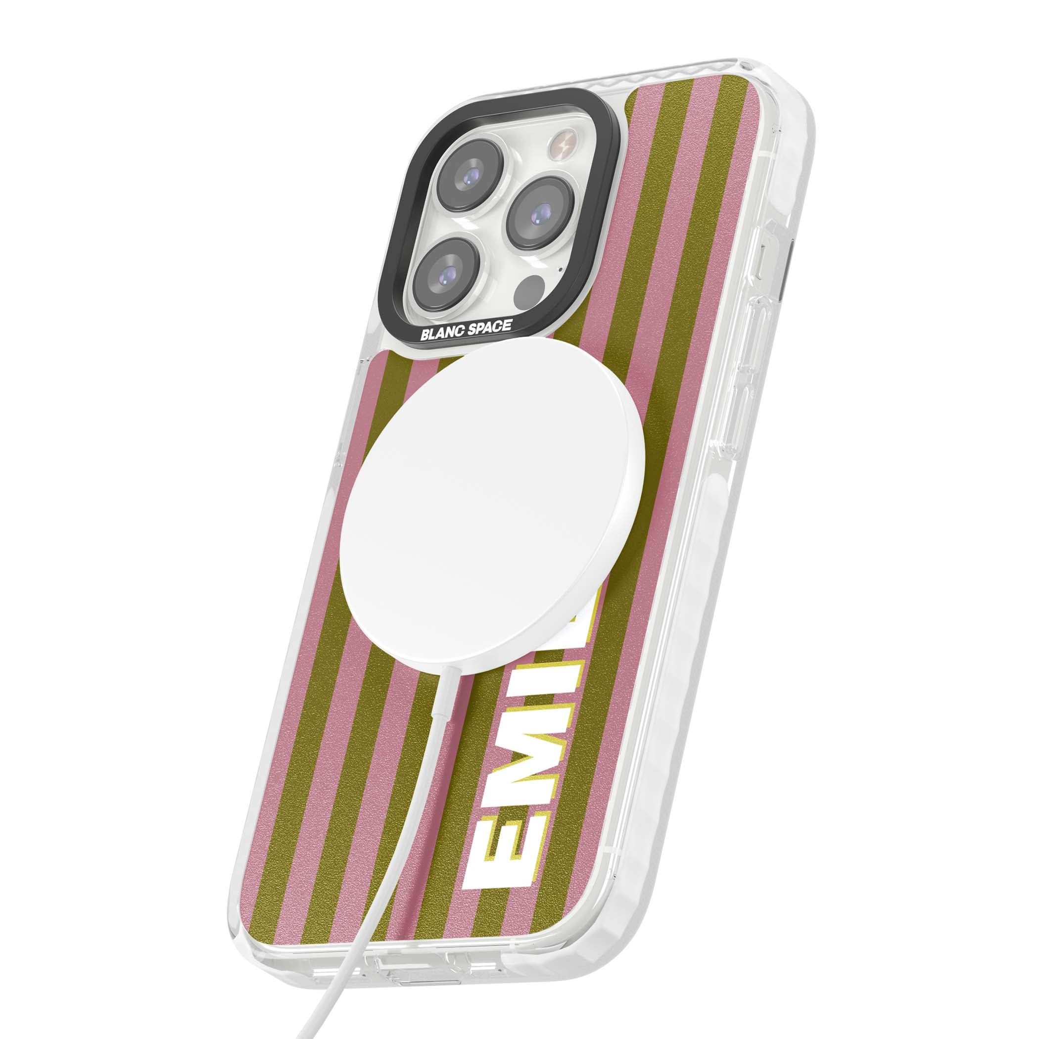 Istanbul Stripe personalised iPhone case featuring pink and olive green vertical stripes with a custom vertical name | Impact Magsafe case for iPhone 13 Pro, iPhone 14 Pro, iPhone 15 Pro