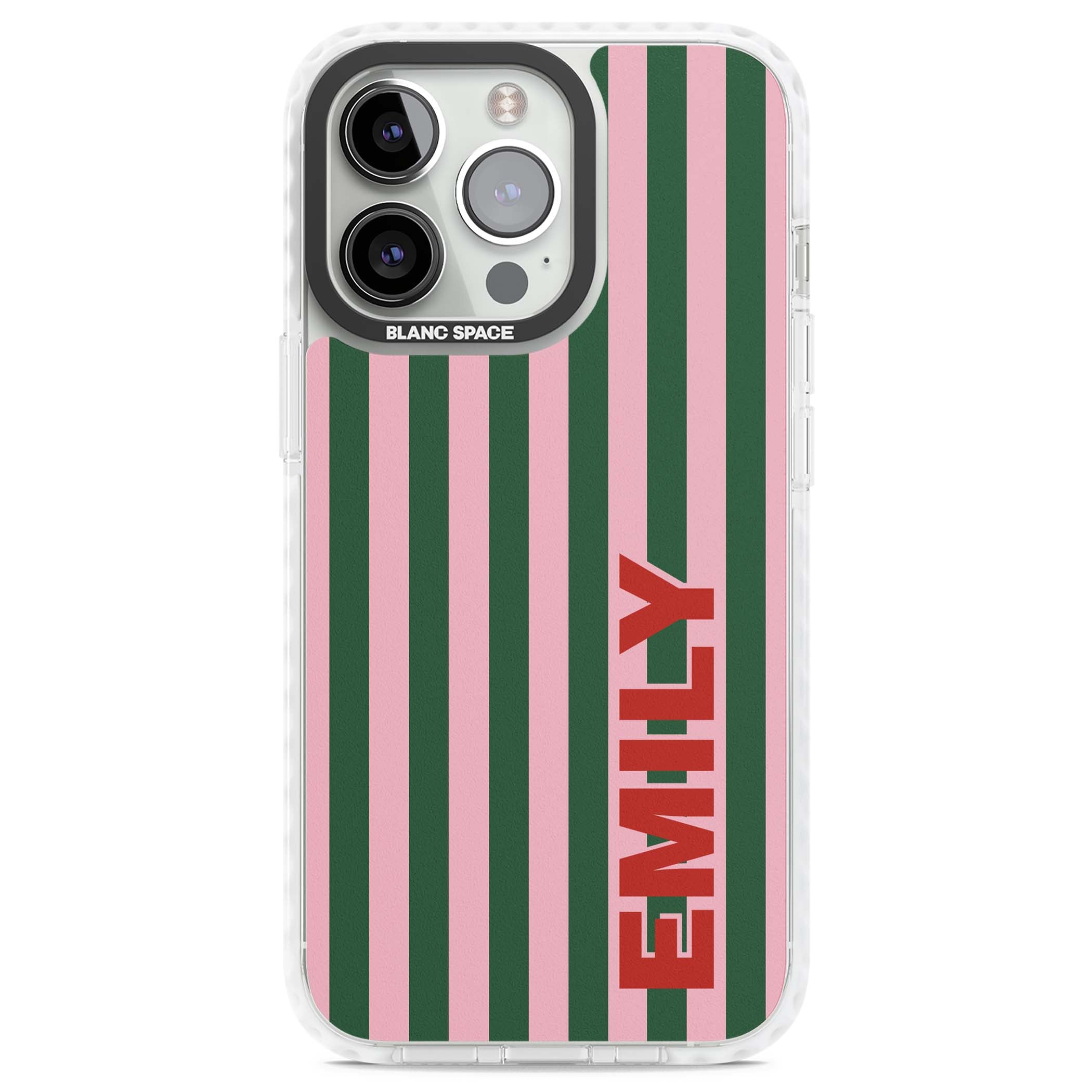 Italian Stripe preppy iPhone case featuring pink and green vertical stripes with personalised red name | Impact Magsafe case for iPhone 13 Pro, iPhone 14 Pro, iPhone 15 Pro