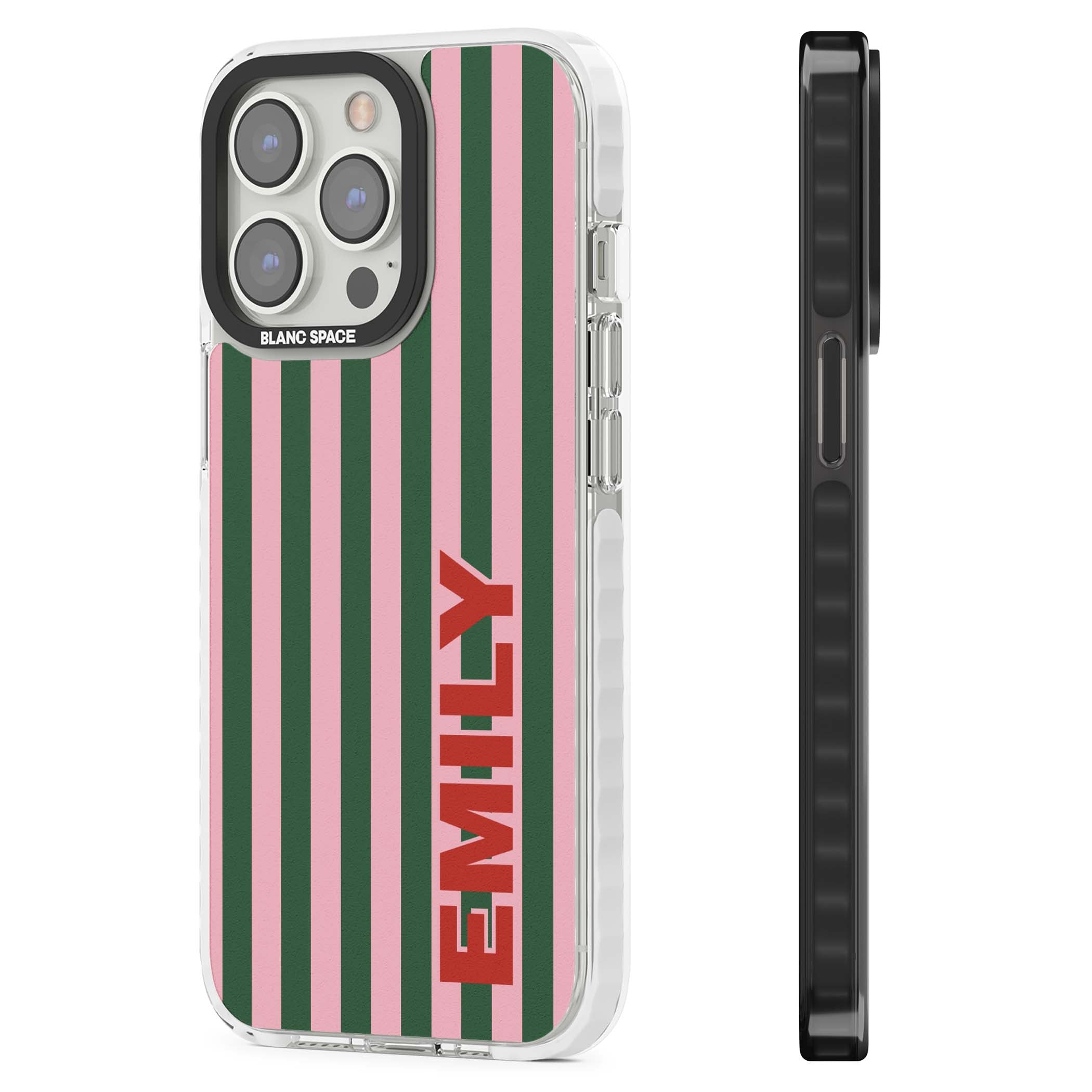 Italian Stripe preppy iPhone case featuring pink and green vertical stripes with personalised red name | Impact Magsafe case for iPhone 13 Pro, iPhone 14 Pro, iPhone 15 Pro