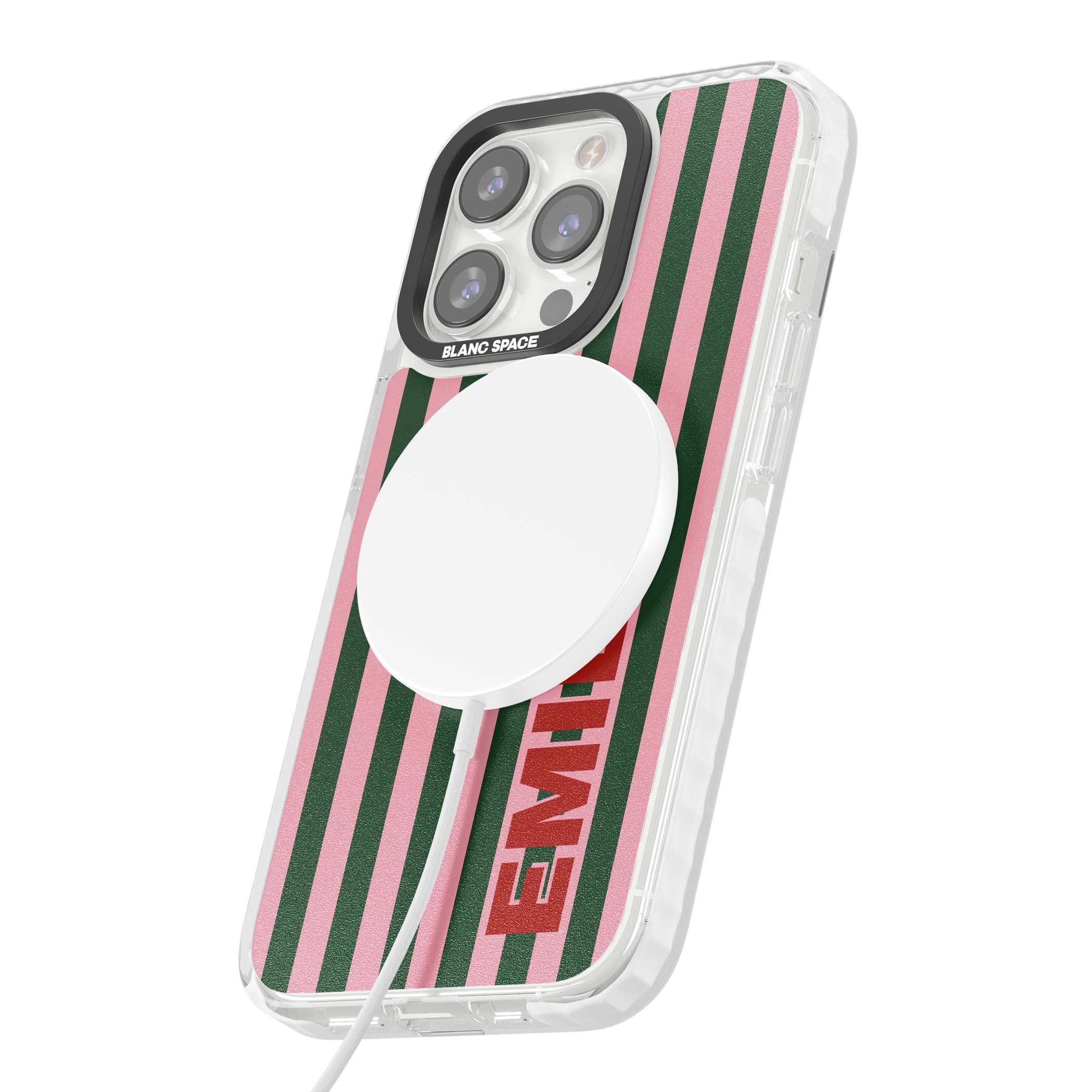 Italian Stripe preppy iPhone case featuring pink and green vertical stripes with personalised red name | Impact Magsafe case for iPhone 13 Pro, iPhone 14 Pro, iPhone 15 Pro