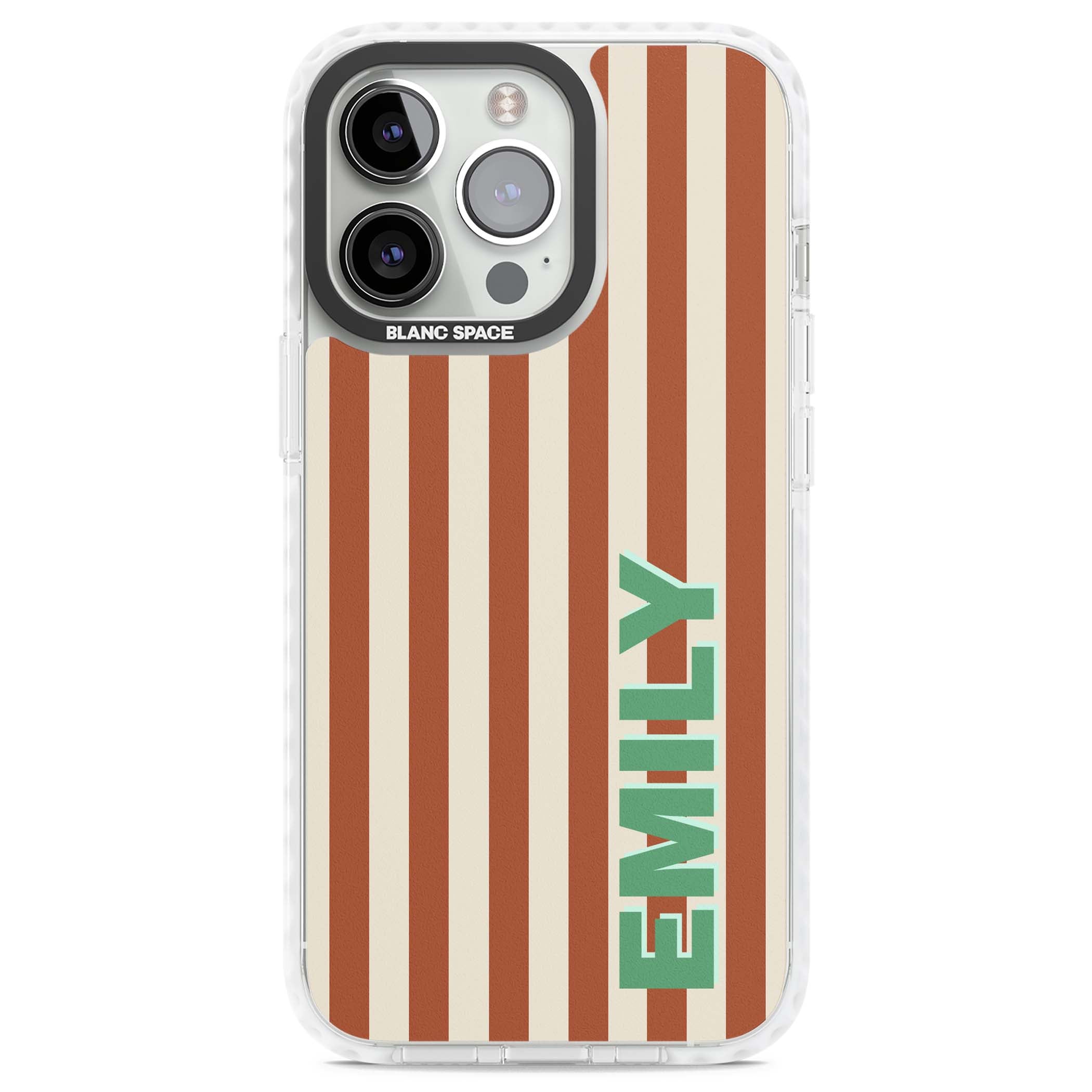 Dune Stripe personalised iPhone case with rust and cream vertical stripes and custom name in mint green | Impact Magsafe case for iPhone 13 Pro, iPhone 14 Pro, iPhone 15 Pro