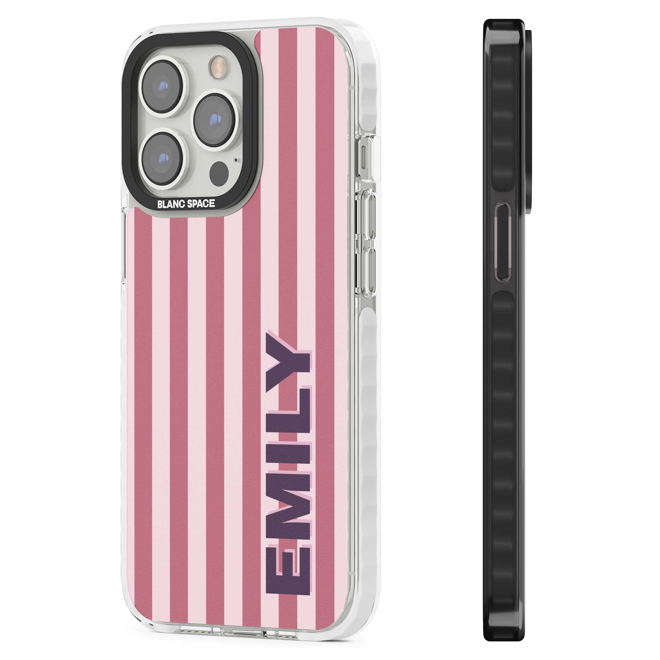 Victoria Stripe personalised iPhone case featuring pink vertical stripes and custom name in bold plum lettering | Impact Magsafe case for iPhone 13 Pro, iPhone 14 Pro, iPhone 15 Pro