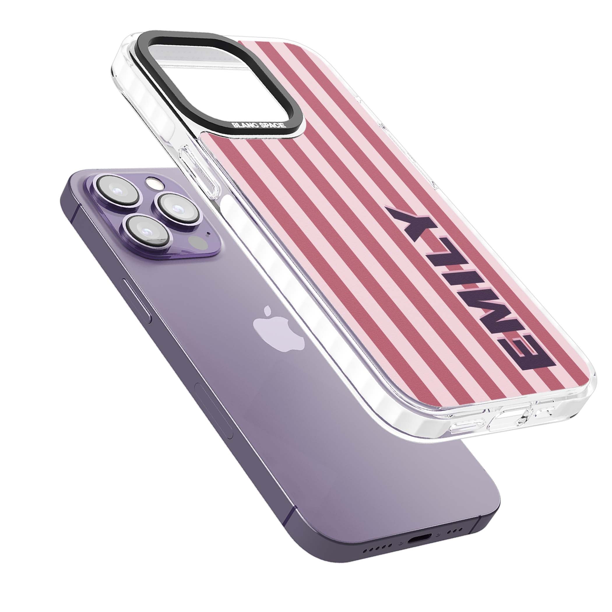 Victoria Stripe personalised iPhone case featuring pink vertical stripes and custom name in bold plum lettering | Impact Magsafe case for iPhone 13 Pro, iPhone 14 Pro, iPhone 15 Pro