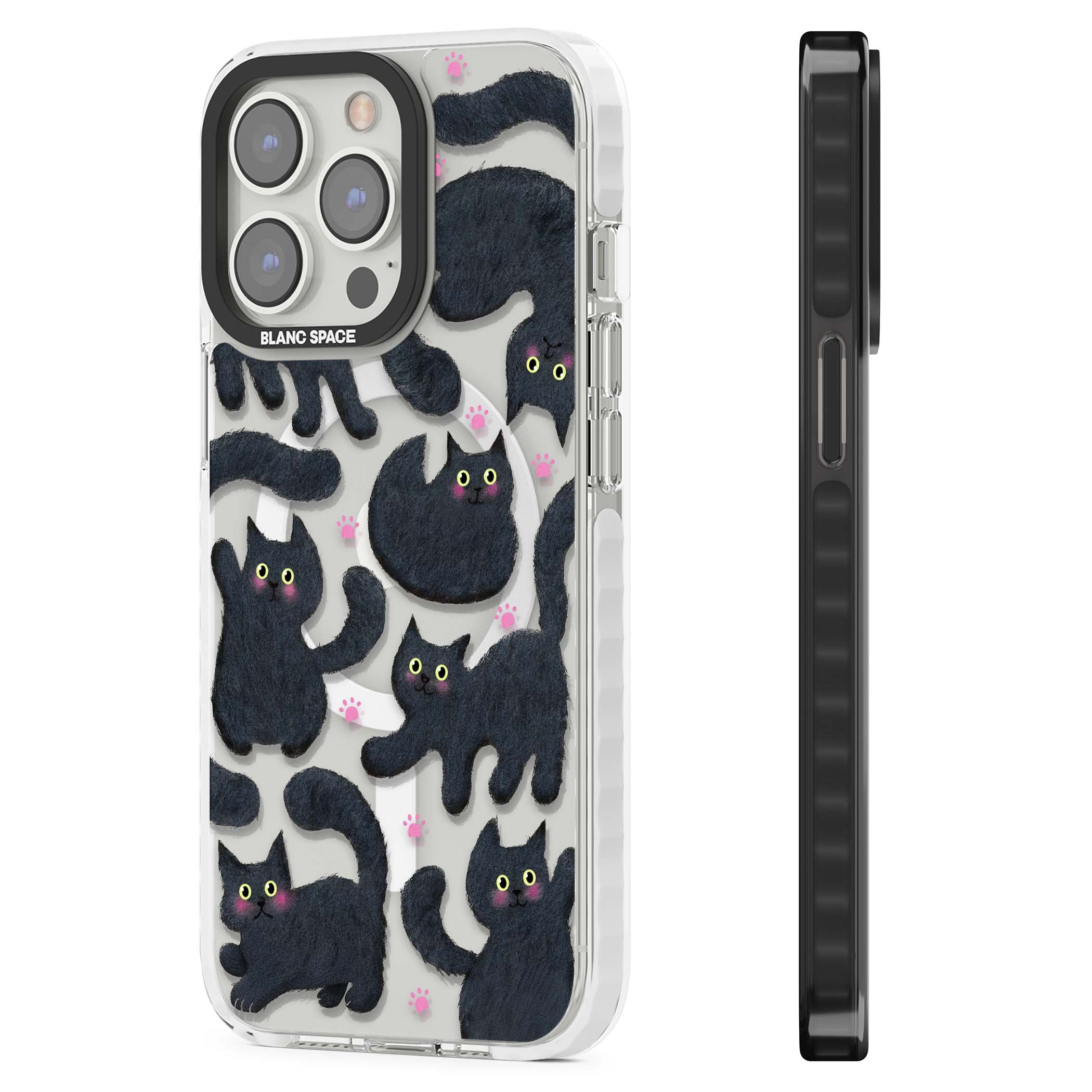 Midnight Cats cute iPhone case featuring black cat pattern with yellow eyes and pink paw prints | Impact Magsafe case for iPhone 13 Pro, iPhone 14 Pro, iPhone 15 Pro