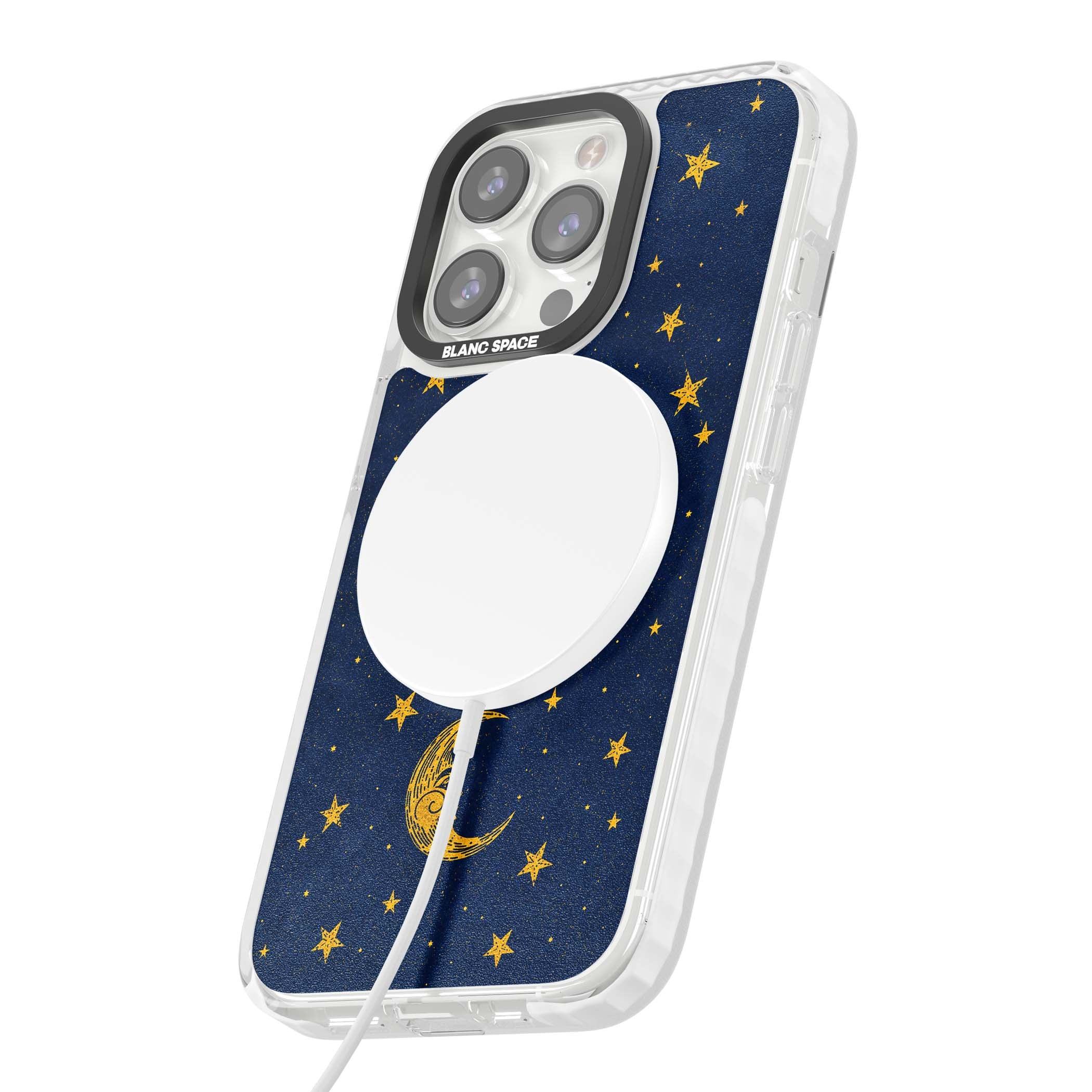 Sun & Moon Reverie celestial iPhone case featuring a vintage golden sun, crescent moon and scattered stars on midnight blue | Impact Magsafe case for iPhone 13 Pro, iPhone 14 Pro, iPhone 15 Pro