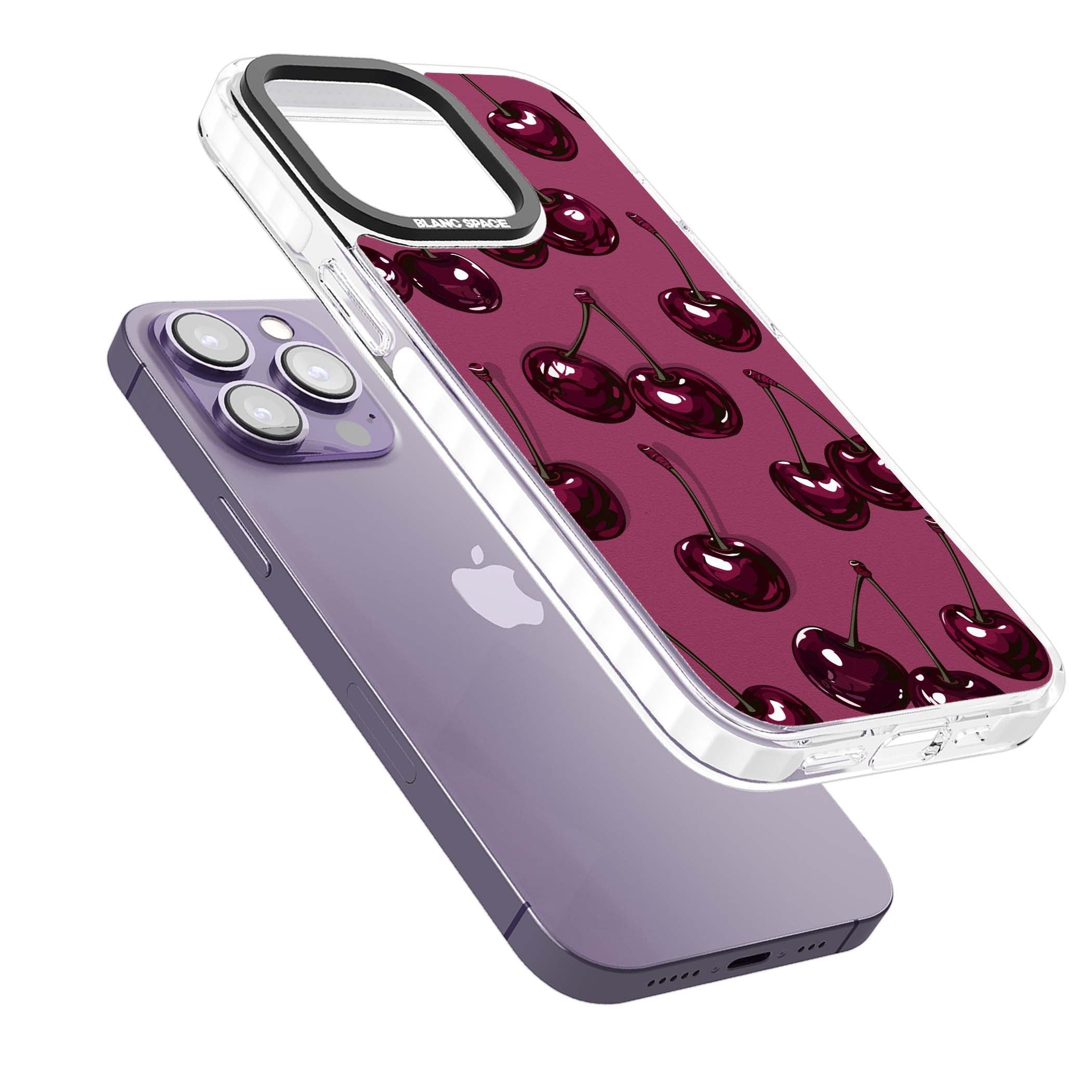 Cherry Soda coquette iPhone case featuring glossy burgundy cherries on a dusty pink background | Impact Magsafe case for iPhone 13 Pro, iPhone 14 Pro, iPhone 15 Pro