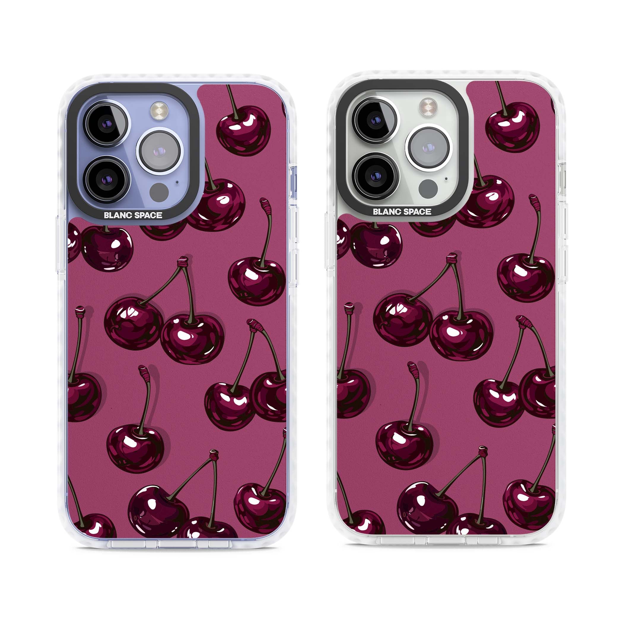 Cherry Soda coquette iPhone case featuring glossy burgundy cherries on a dusty pink background | Impact Magsafe case for iPhone 13 Pro, iPhone 14 Pro, iPhone 15 Pro