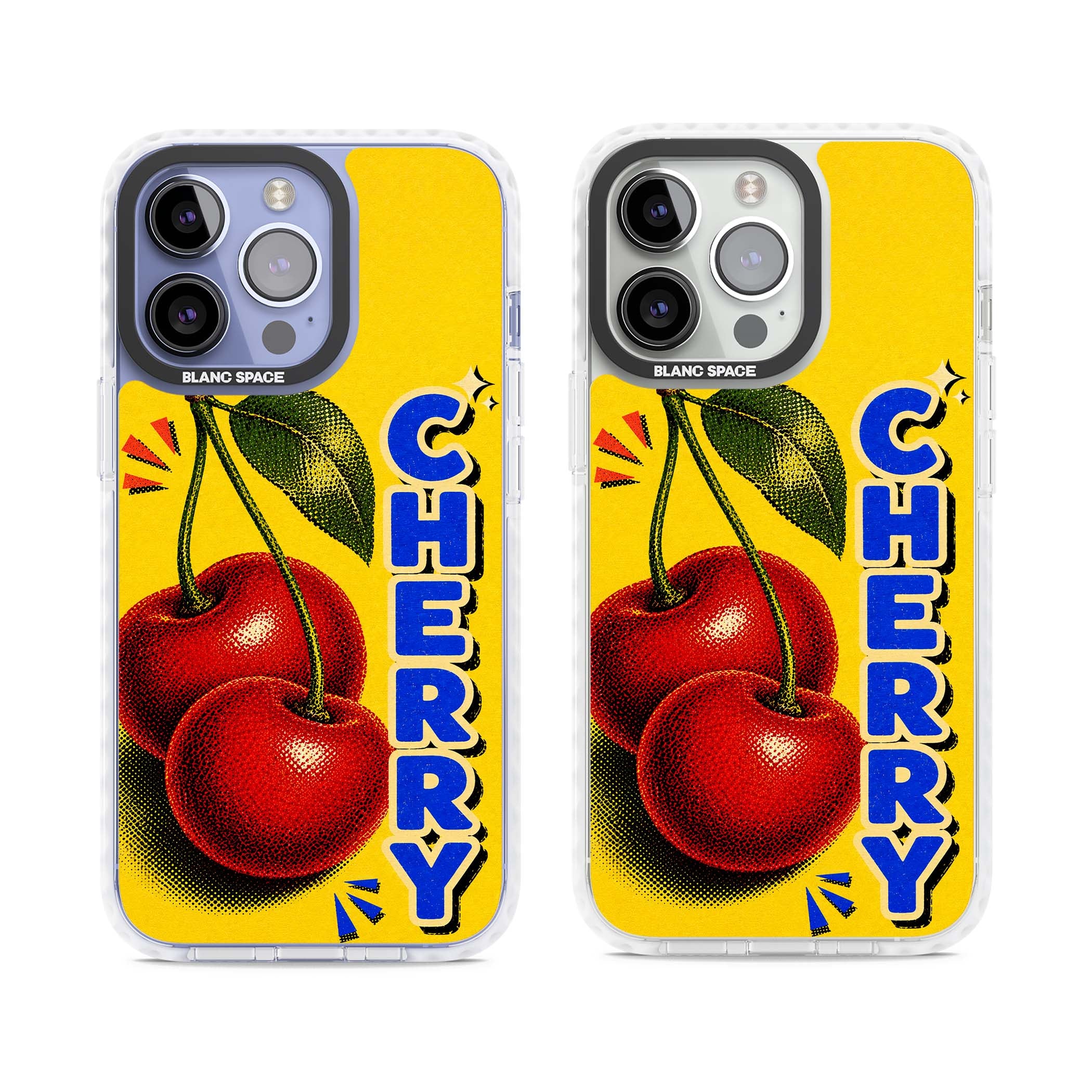Cherry Yellow y2k iPhone case featuring two red cherries, halftone shading and bold blue CHERRY lettering on yellow | Impact Magsafe case for iPhone 13 Pro, iPhone 14 Pro, iPhone 15 Pro