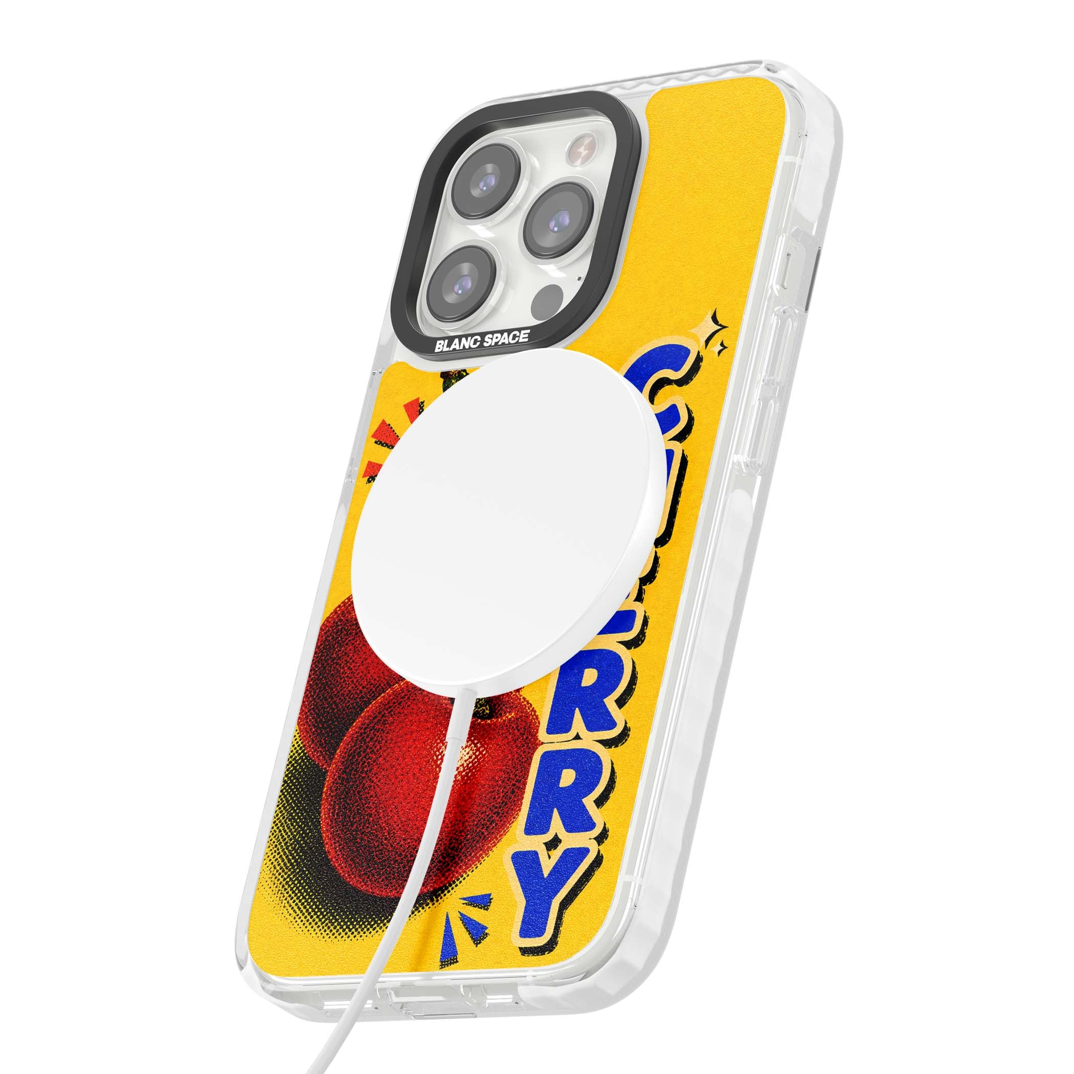 Cherry Yellow y2k iPhone case featuring two red cherries, halftone shading and bold blue CHERRY lettering on yellow | Impact Magsafe case for iPhone 13 Pro, iPhone 14 Pro, iPhone 15 Pro