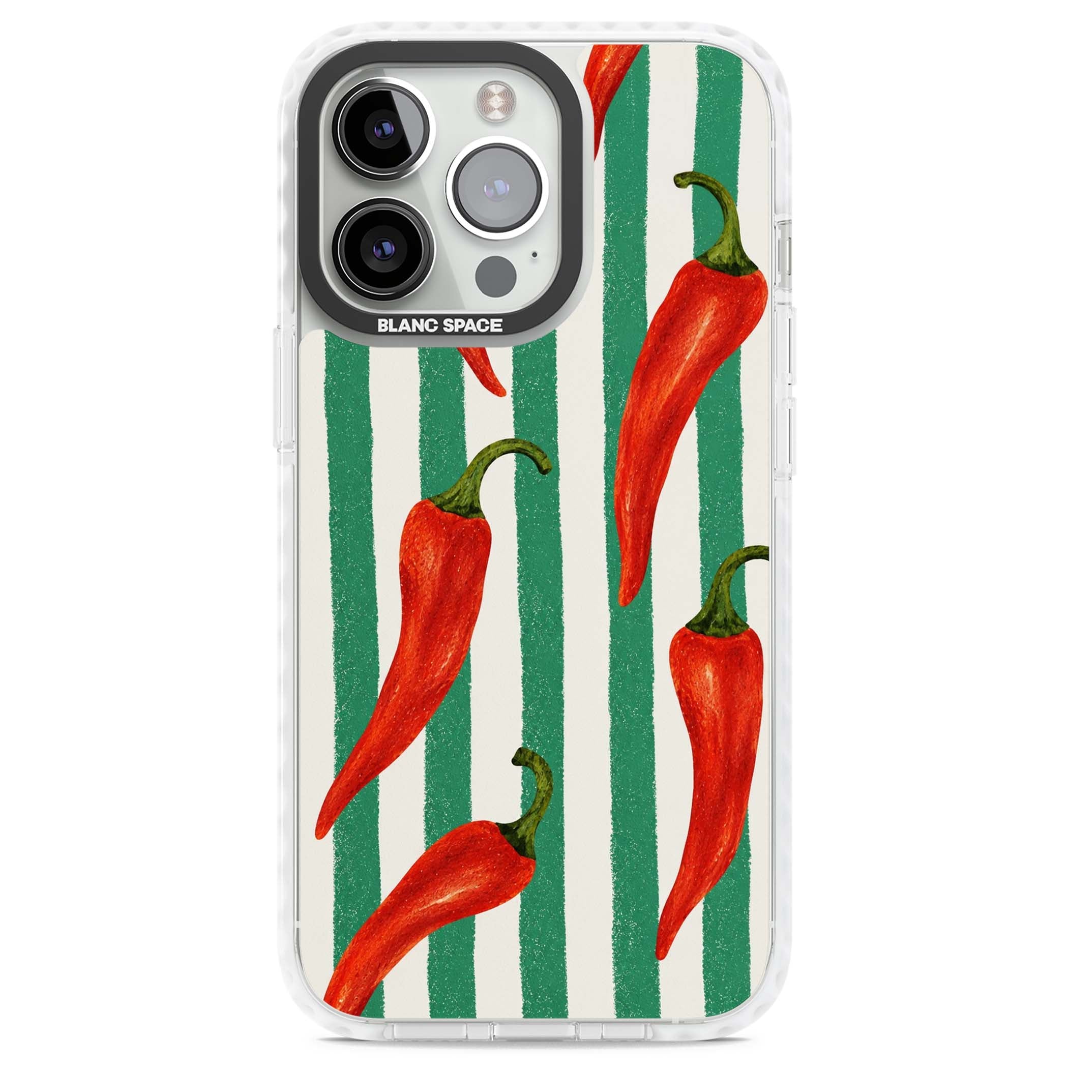 Striped Chillis coastal iPhone case featuring hand-painted red chili peppers on green and cream stripes | Impact Magsafe case for iPhone 13 Pro, iPhone 14 Pro, iPhone 15 Pro