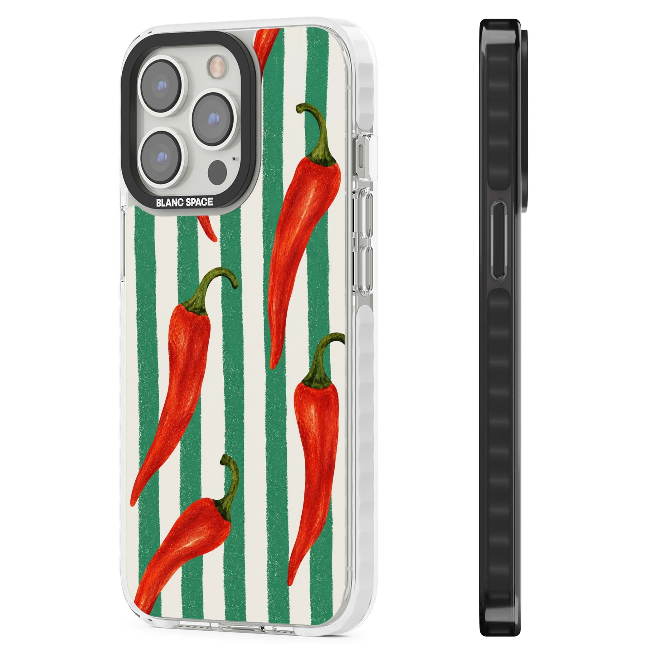 Striped Chillis coastal iPhone case featuring hand-painted red chili peppers on green and cream stripes | Impact Magsafe case for iPhone 13 Pro, iPhone 14 Pro, iPhone 15 Pro
