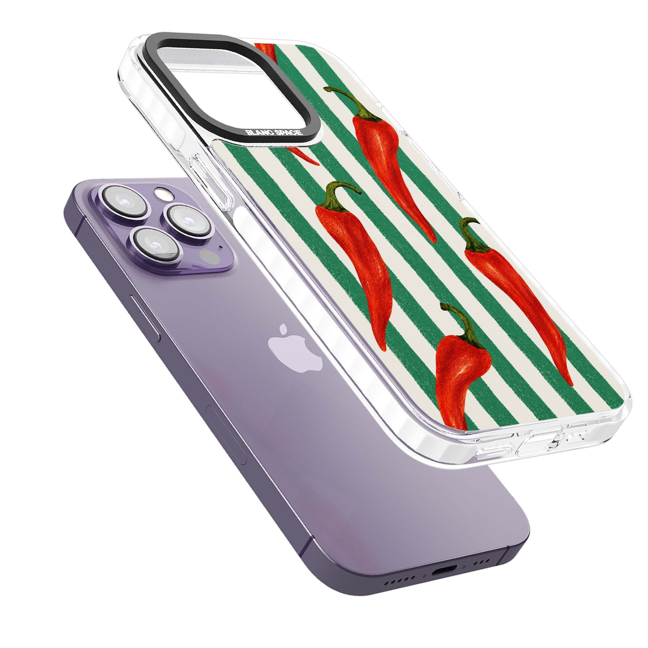 Striped Chillis coastal iPhone case featuring hand-painted red chili peppers on green and cream stripes | Impact Magsafe case for iPhone 13 Pro, iPhone 14 Pro, iPhone 15 Pro