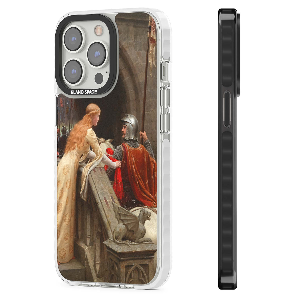 God Speed fine art iPhone case featuring Edmund Blair Leighton's medieval knight and lady beneath a stone archway | Impact Magsafe case for iPhone 13 Pro, iPhone 14 Pro, iPhone 15 Pro