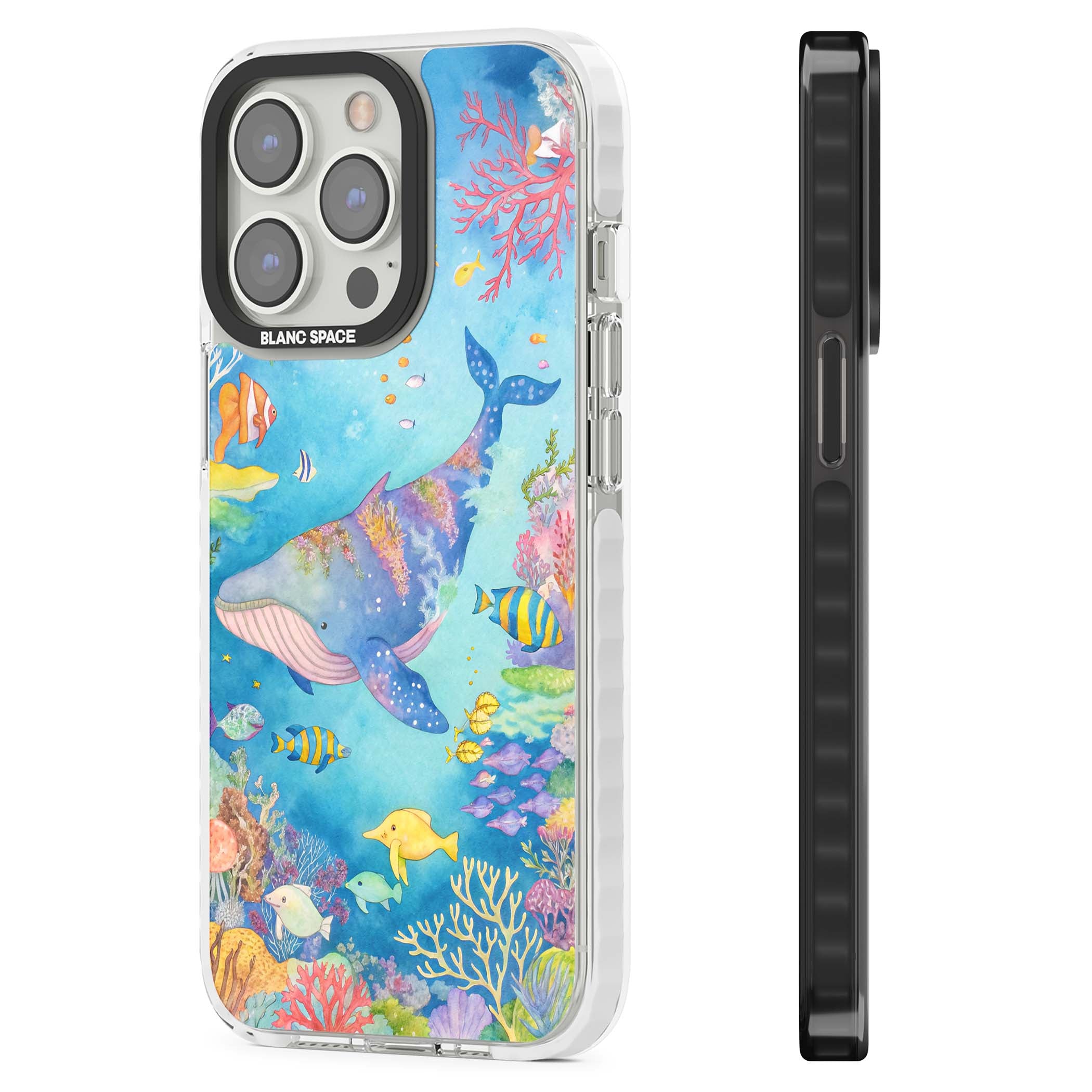 Coral Lagoon ocean iPhone case featuring a watercolour whale, coral reef and tropical fish | Impact Magsafe case for iPhone 13 Pro, iPhone 14 Pro, iPhone 15 Pro