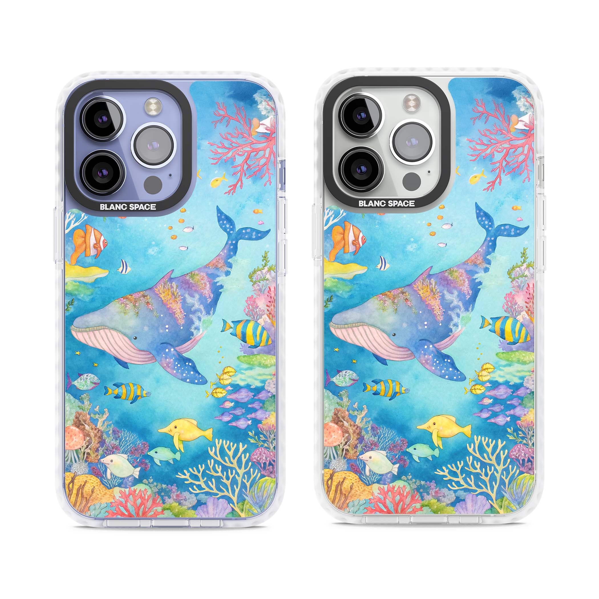 Coral Lagoon ocean iPhone case featuring a watercolour whale, coral reef and tropical fish | Impact Magsafe case for iPhone 13 Pro, iPhone 14 Pro, iPhone 15 Pro