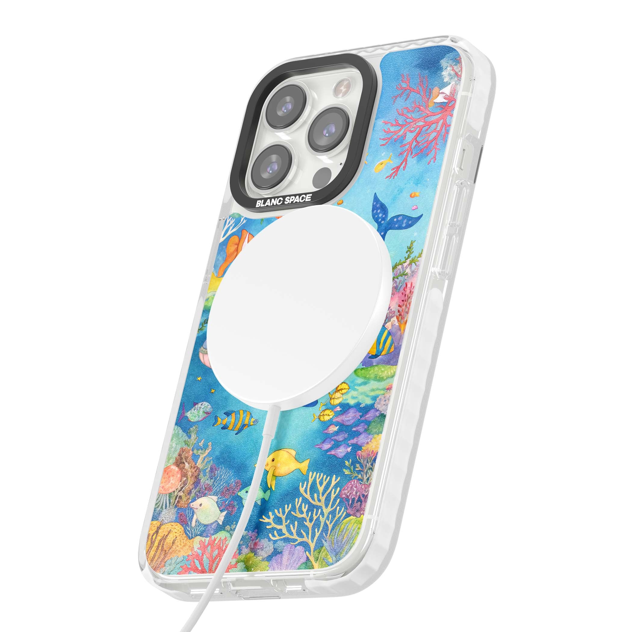Coral Lagoon ocean iPhone case featuring a watercolour whale, coral reef and tropical fish | Impact Magsafe case for iPhone 13 Pro, iPhone 14 Pro, iPhone 15 Pro