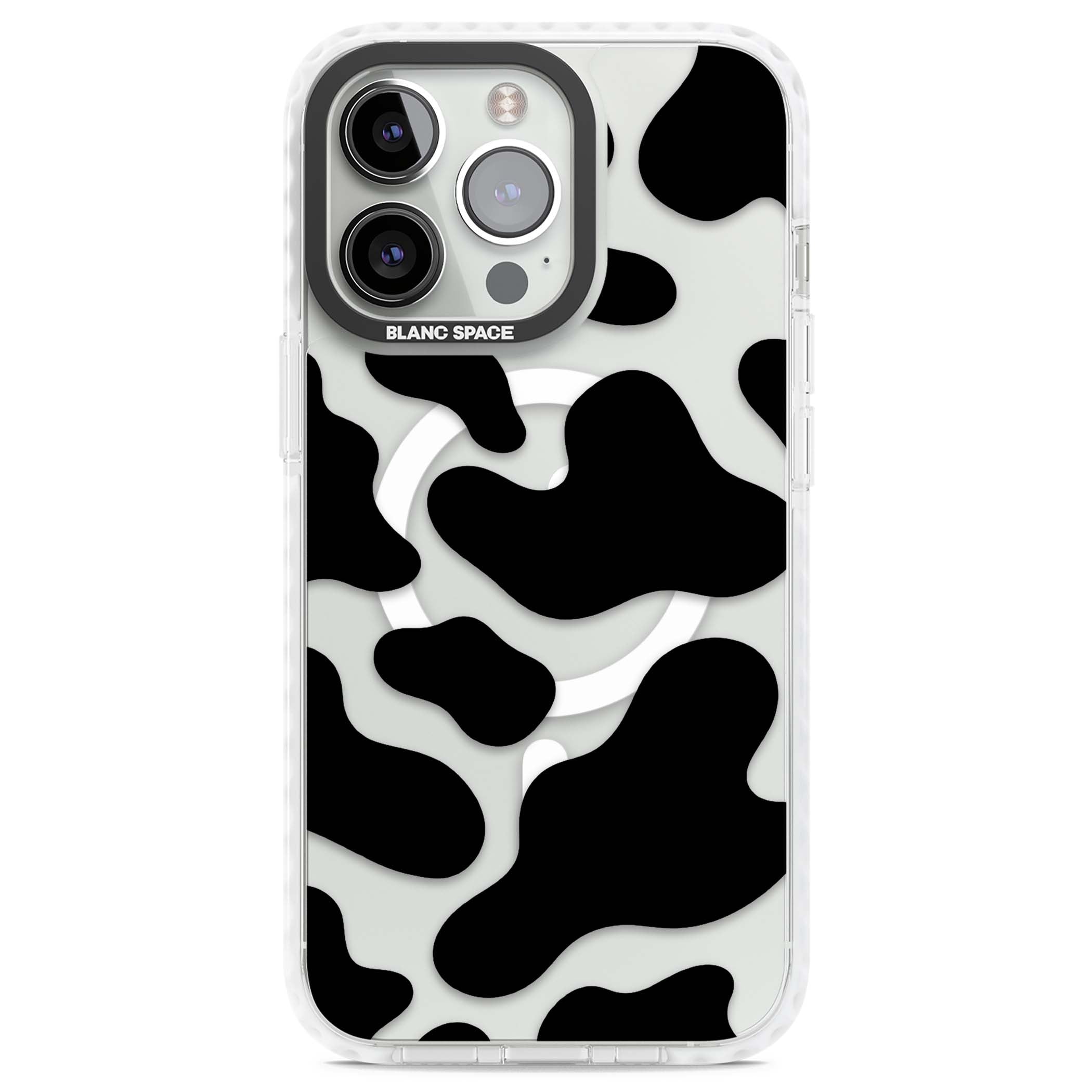 Clear Cow Print cow print iPhone case featuring black and white cow pattern splotches on a clear background | Impact Magsafe case for iPhone 13 Pro, iPhone 14 Pro, iPhone 15 Pro