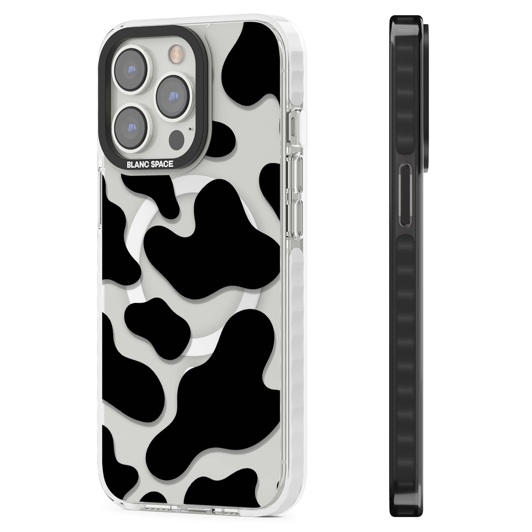 Clear Cow Print cow print iPhone case featuring black and white cow pattern splotches on a clear background | Impact Magsafe case for iPhone 13 Pro, iPhone 14 Pro, iPhone 15 Pro