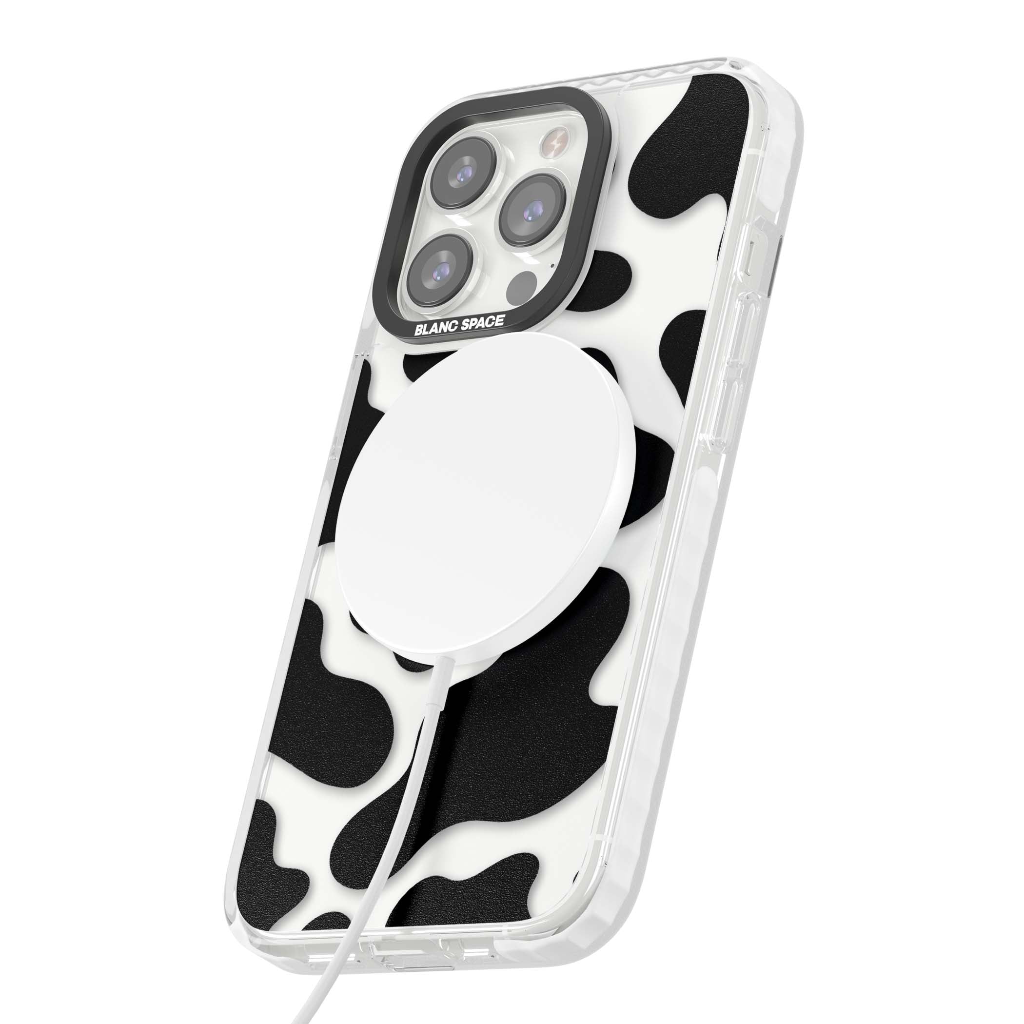 Clear Cow Print cow print iPhone case featuring black and white cow pattern splotches on a clear background | Impact Magsafe case for iPhone 13 Pro, iPhone 14 Pro, iPhone 15 Pro