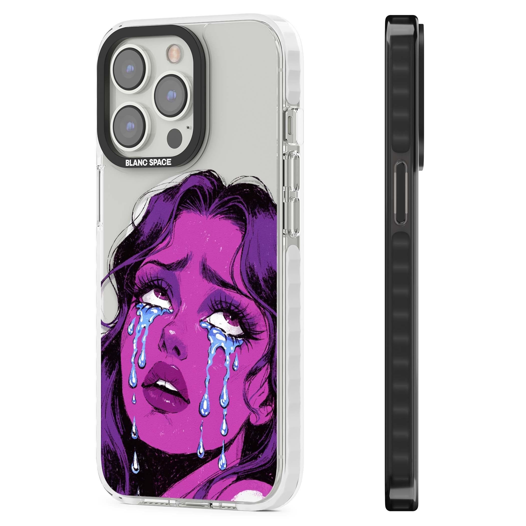 Drama Queen pop art iPhone case featuring a purple crying comic girl with blue tears | Impact Magsafe case for iPhone 13 Pro, iPhone 14 Pro, iPhone 15 Pro