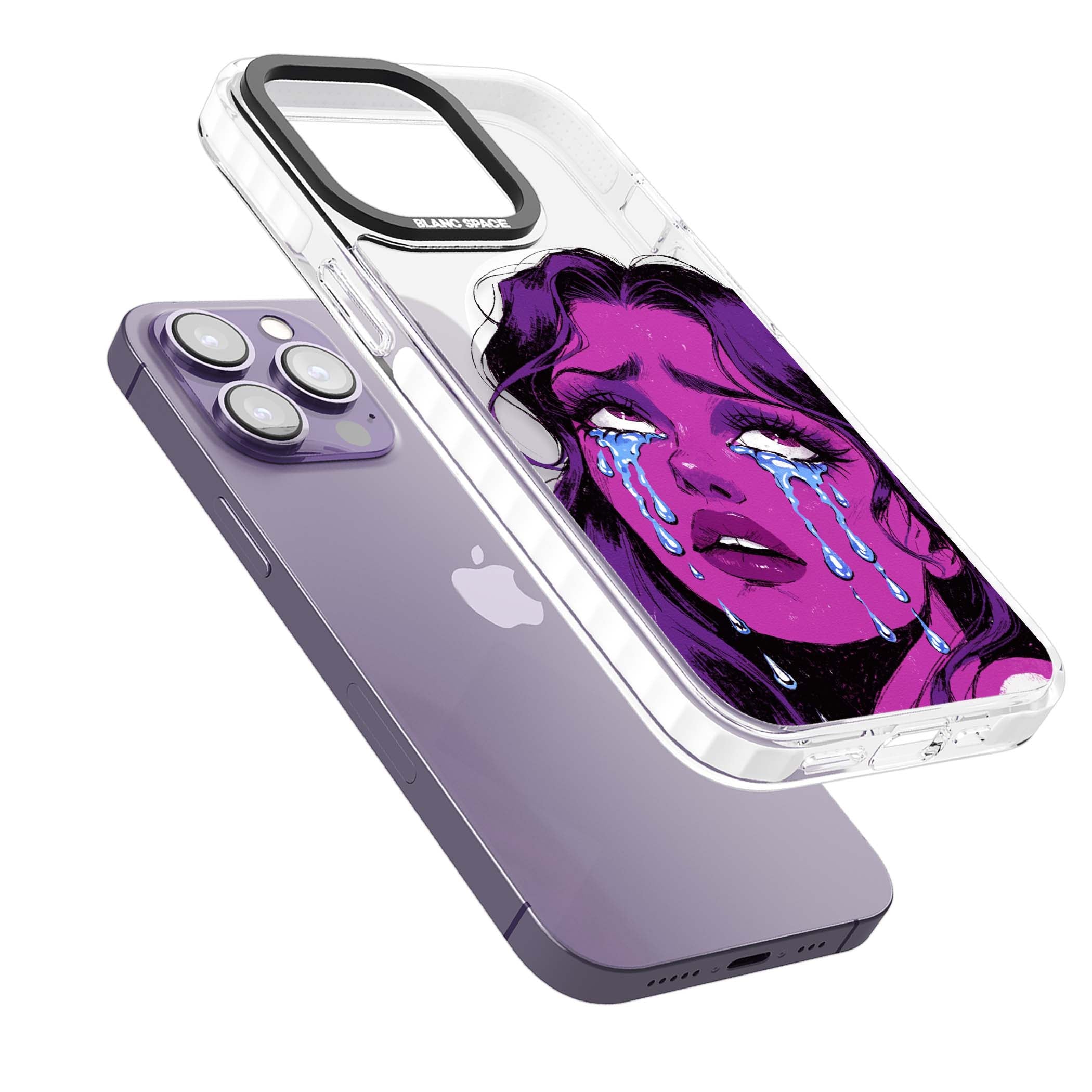 Drama Queen pop art iPhone case featuring a purple crying comic girl with blue tears | Impact Magsafe case for iPhone 13 Pro, iPhone 14 Pro, iPhone 15 Pro