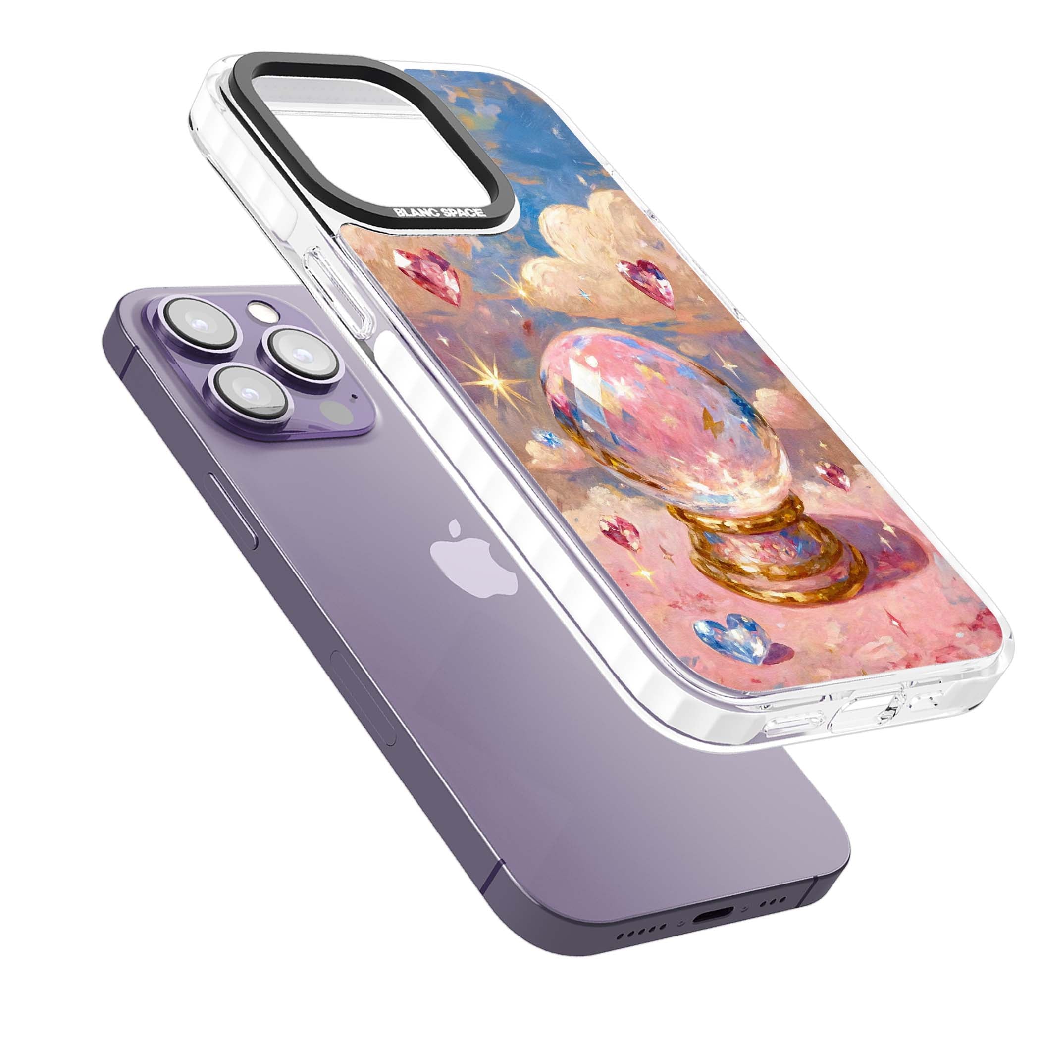 Crystal Ball fairycore iPhone case featuring a painted crystal ball, heart gemstones, and pastel clouds | Impact Magsafe case for iPhone 13 Pro, iPhone 14 Pro, iPhone 15 Pro