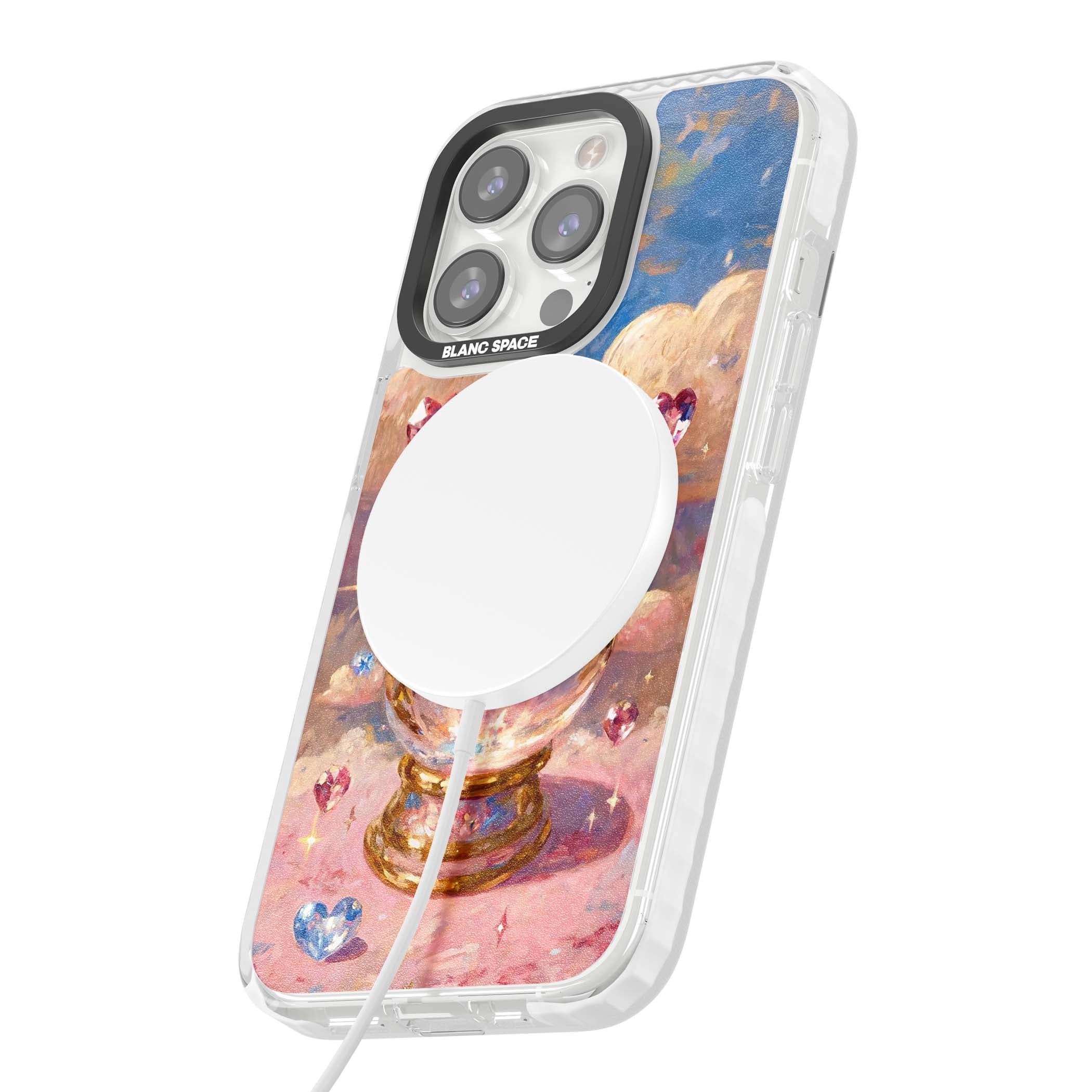 Crystal Ball fairycore iPhone case featuring a painted crystal ball, heart gemstones, and pastel clouds | Impact Magsafe case for iPhone 13 Pro, iPhone 14 Pro, iPhone 15 Pro