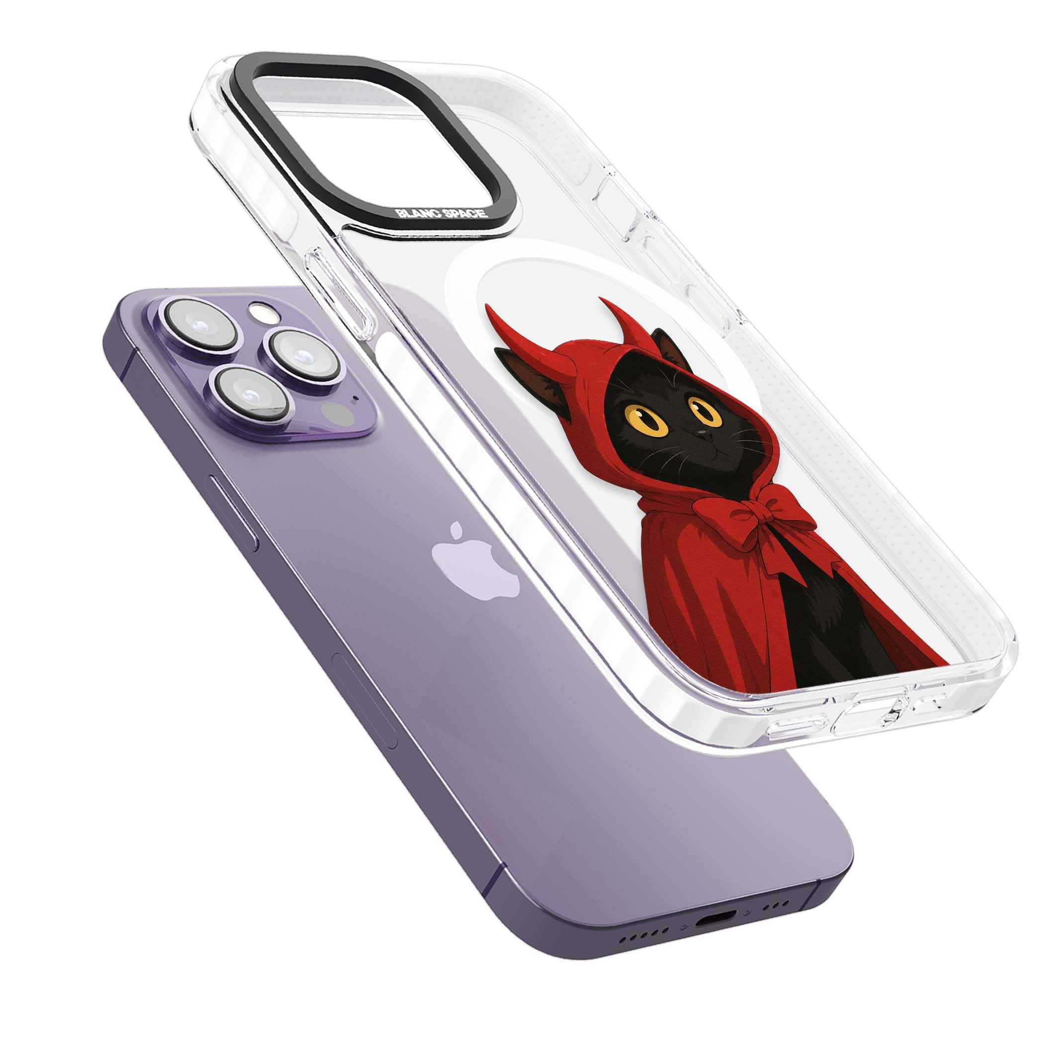 Little Devil halloween iPhone case featuring a black cat in a red hooded devil cloak with horns and golden eyes | Impact Magsafe case for iPhone 13 Pro, iPhone 14 Pro, iPhone 15 Pro